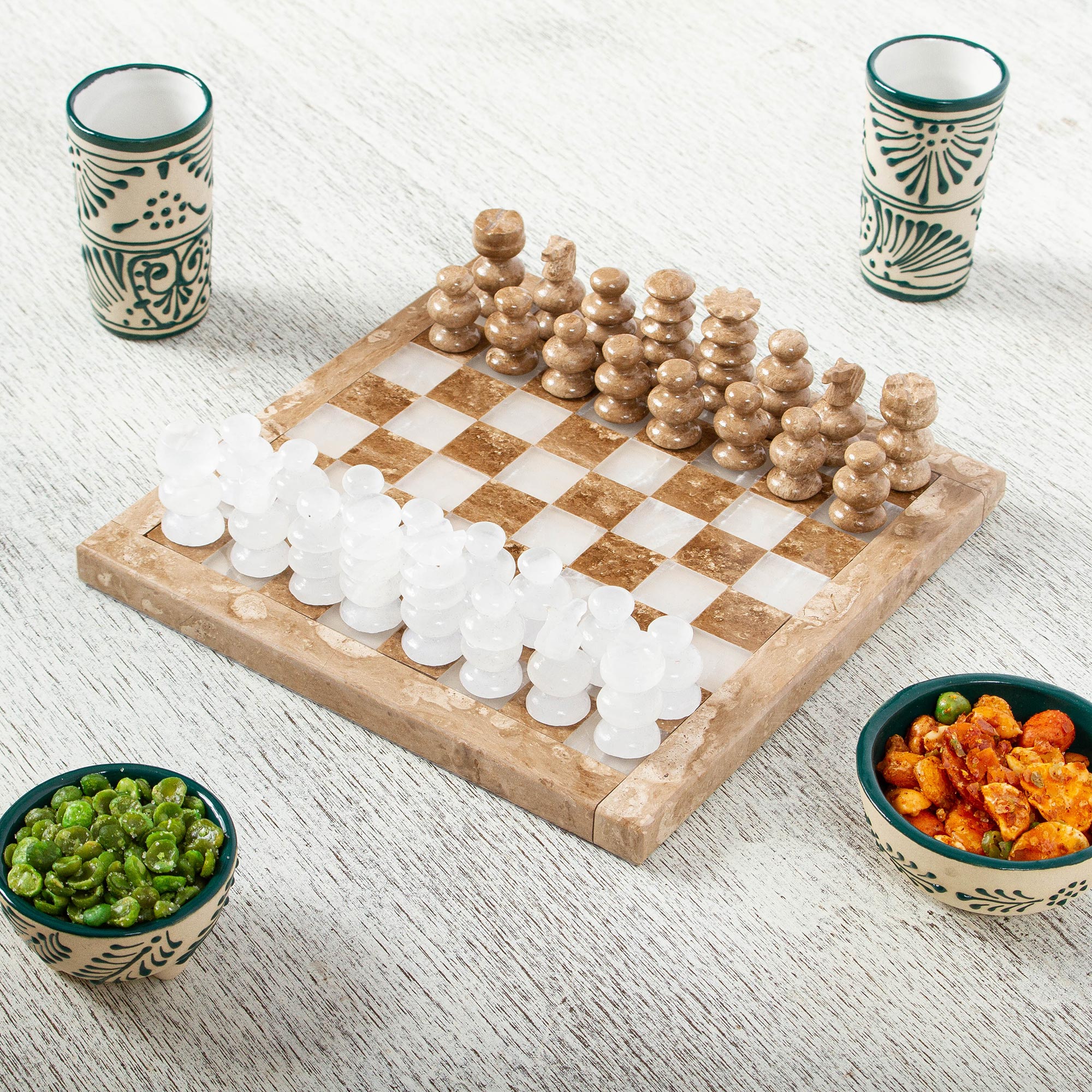 Premium Brown & White Onyx and Marble Chess Set - Handcrafted 7.5 in. Board
