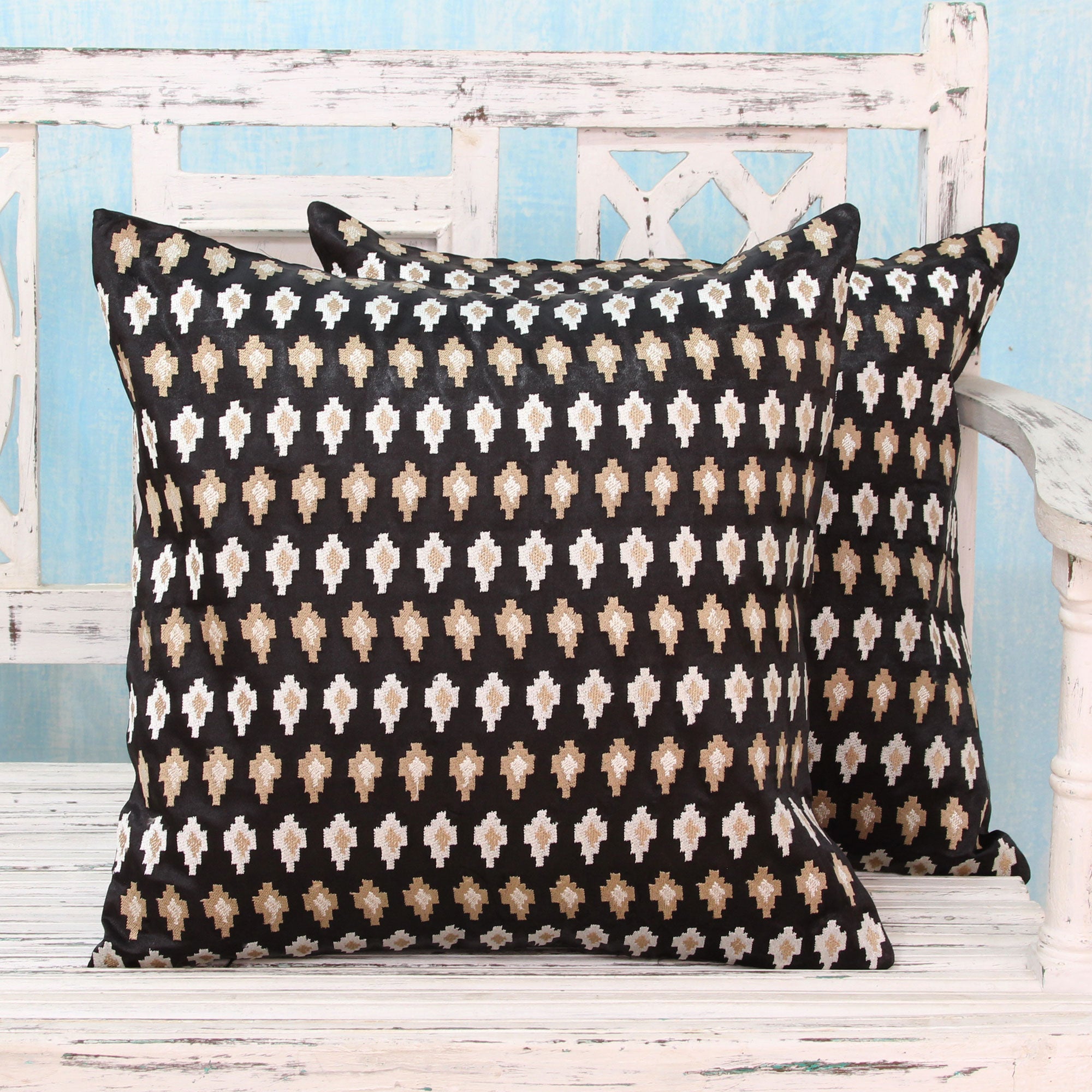 Premium Midnight Desert Embroidered Satin Cushion Covers - Cosmic Beige Stars on Black (Pair)