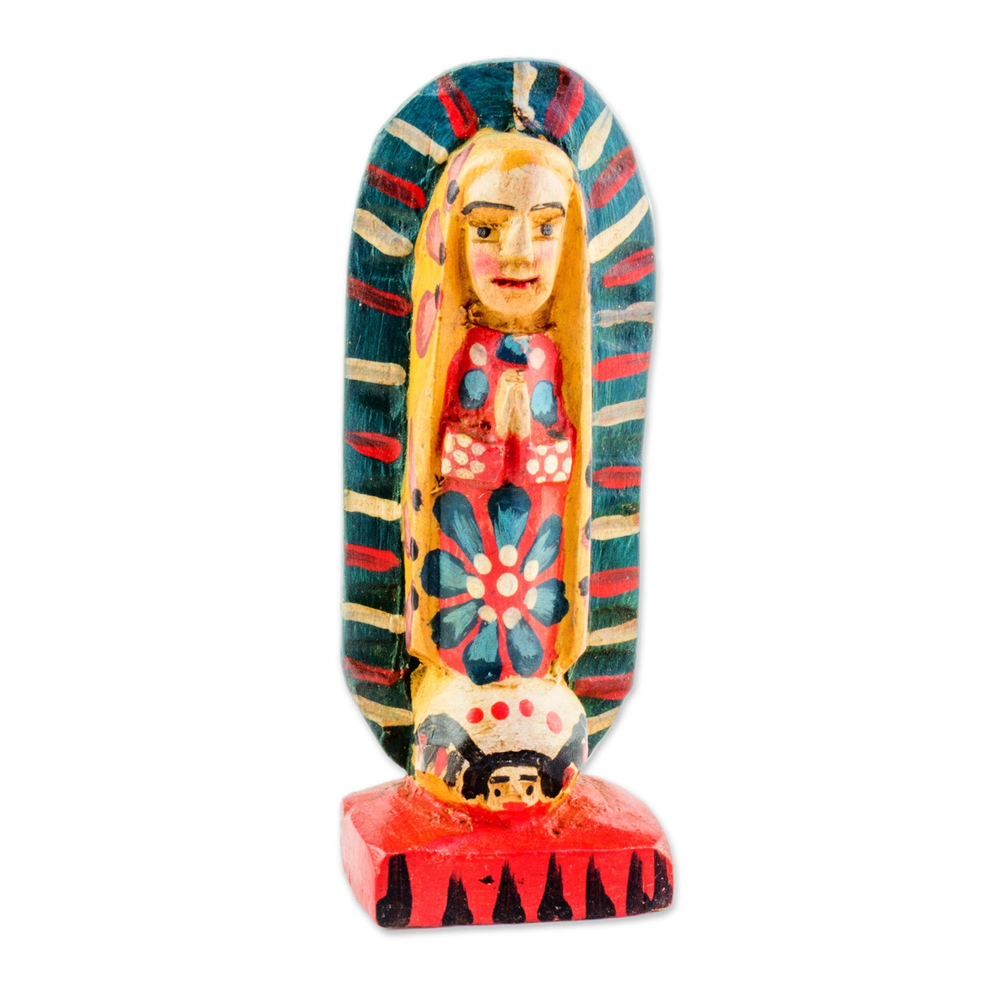 Premium Hand-Painted Virgin of Guadalupe Pinewood Figurine - Authentic Guatemalan Artisan Craft