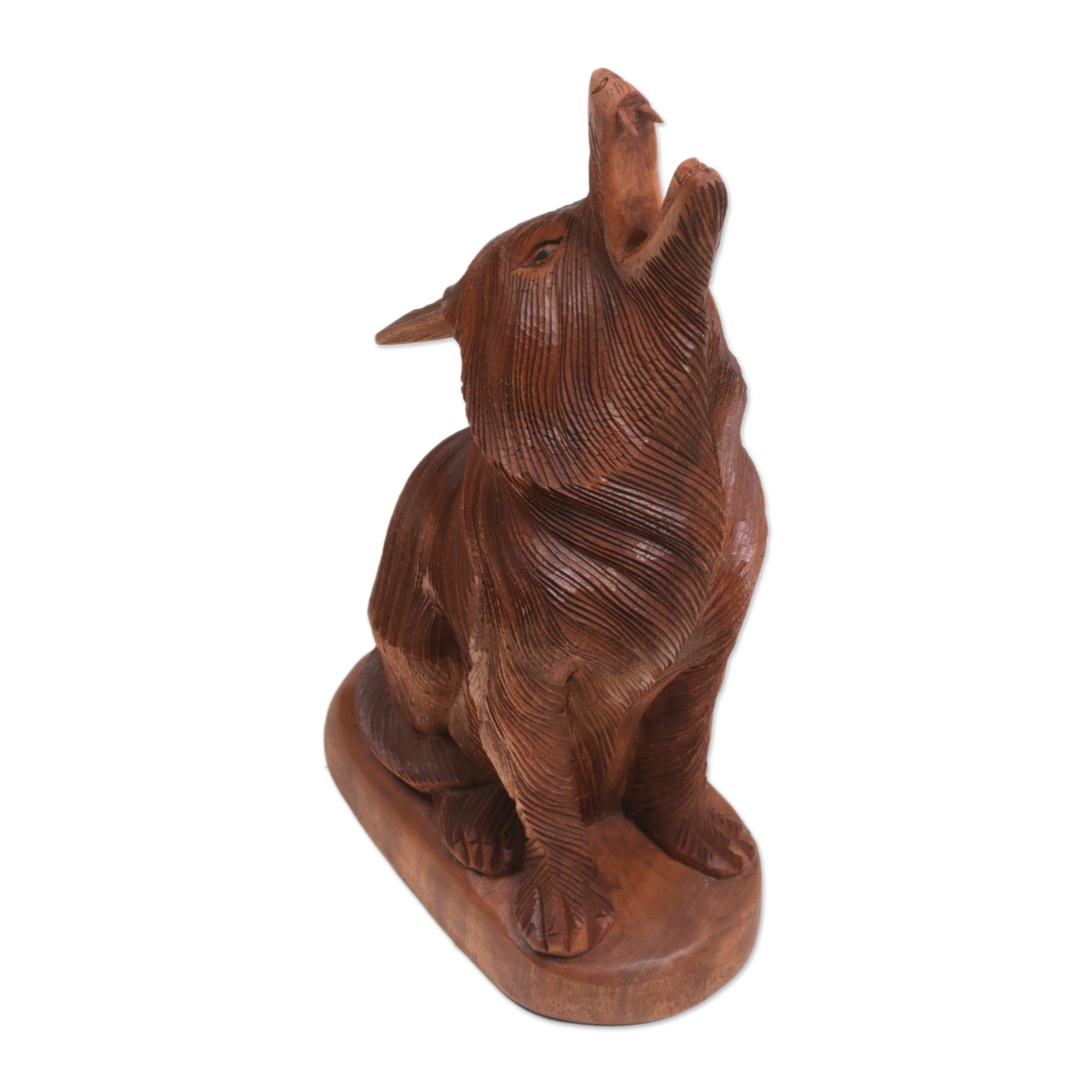 Premium Hand-Carved Suar Wood Howling Wolf Sculpture - Authentic Balinese Art