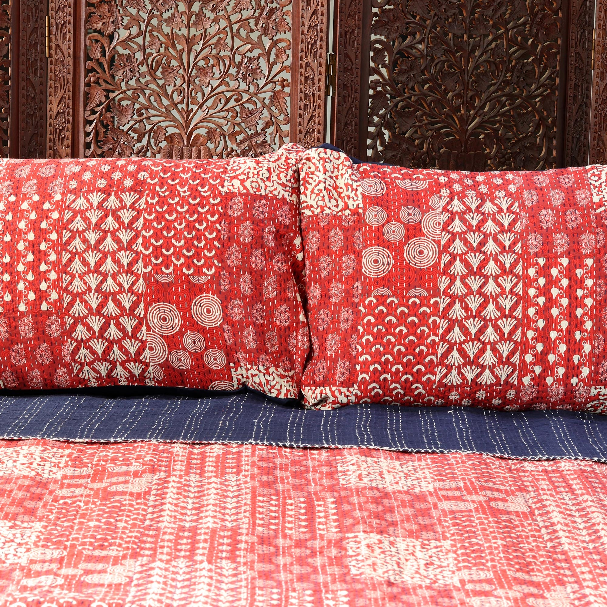 Premium Red Kantha Stitch Cotton Bedding Set – Ultimate Comfort from India (3 Pcs)
