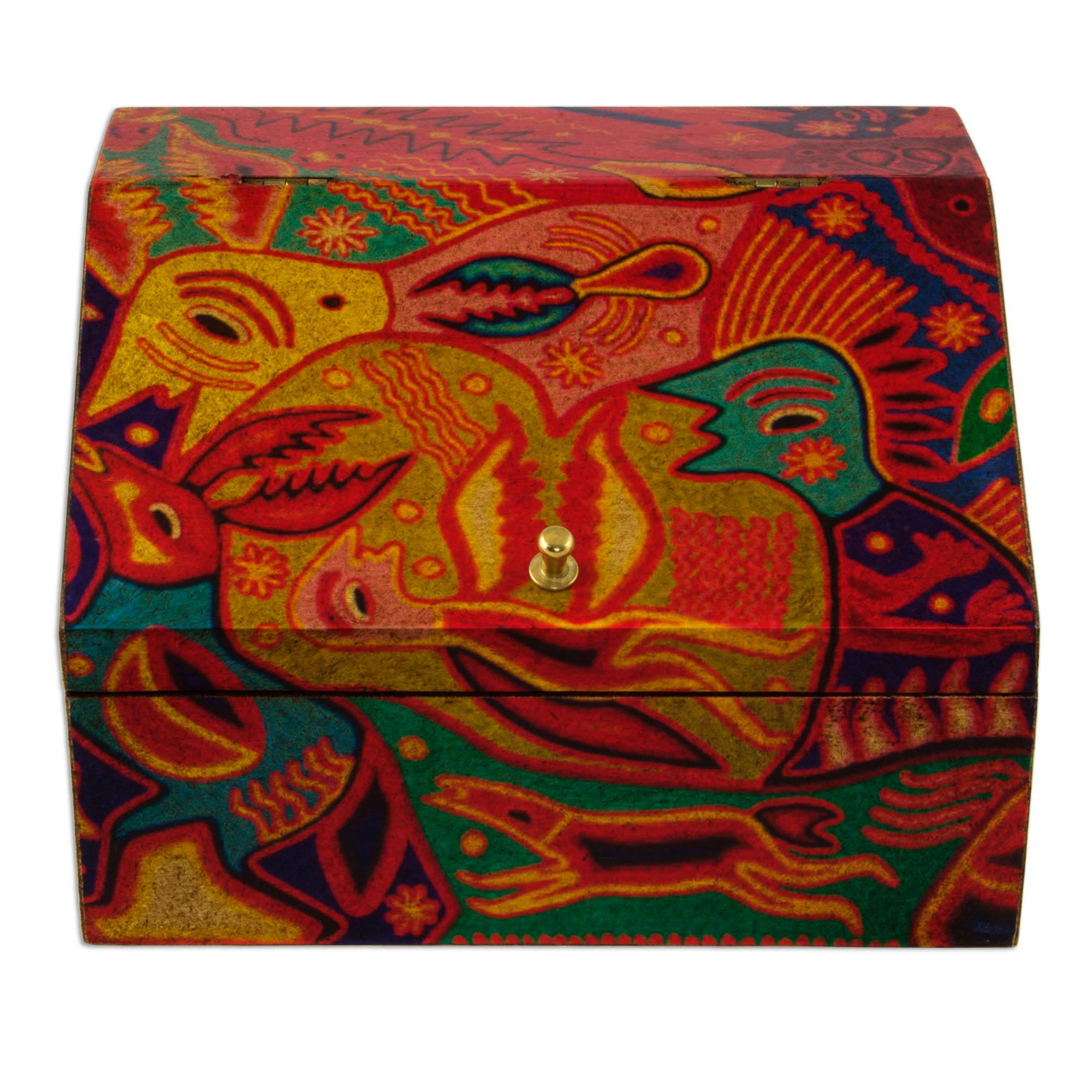 Premium Huichol Art Jewelry Box - Handcrafted 6-Inch Wooden Keepsake