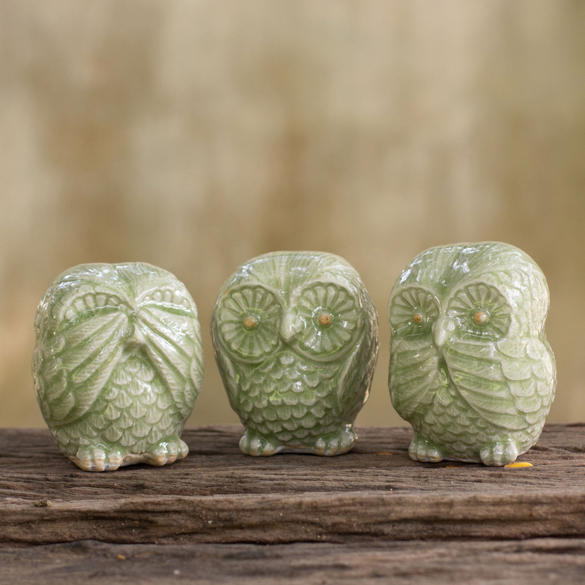 Premium Green Owl Trio: Handcrafted Celadon Ceramic Statuettes (Set of 3)