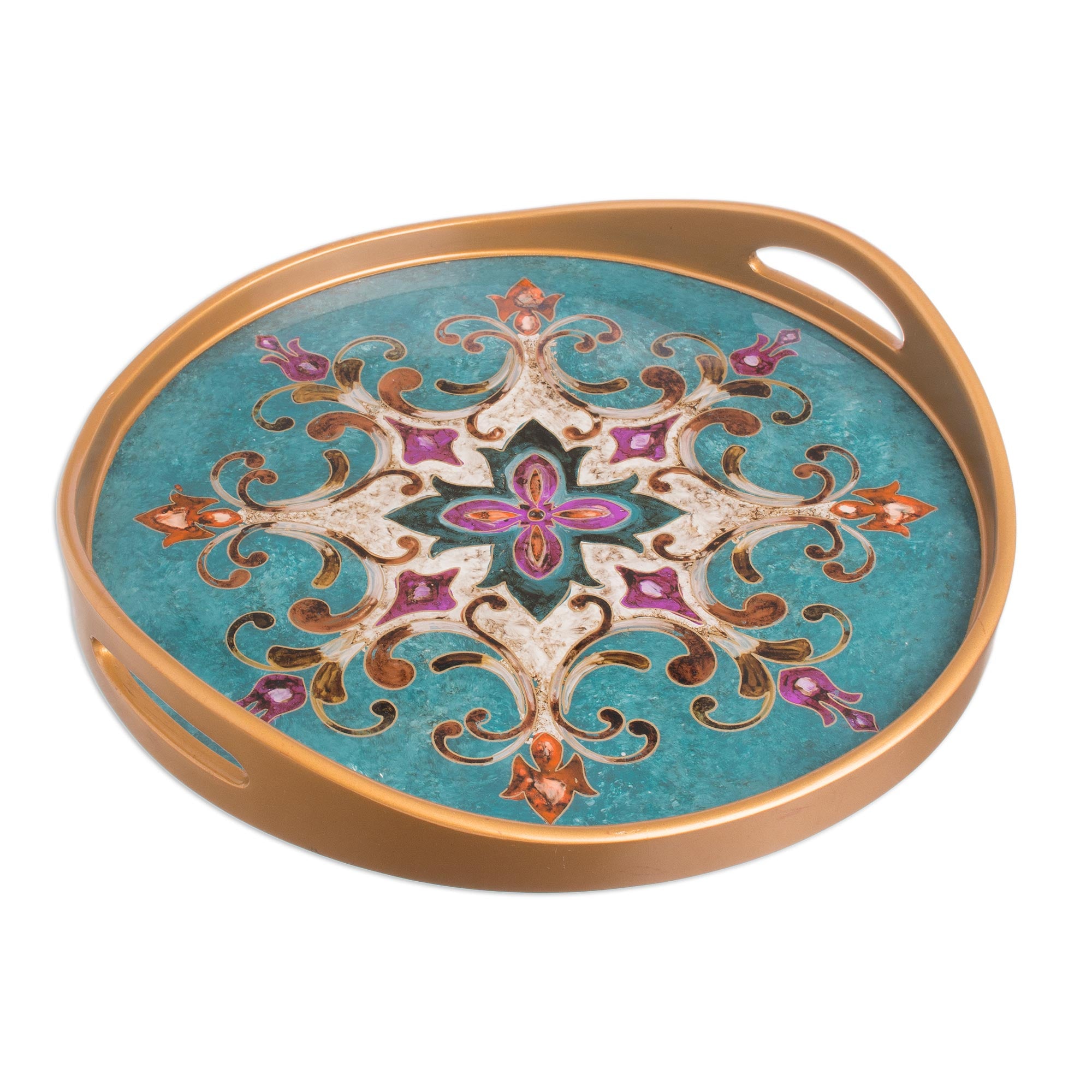 Premium Colonial Elegance Reverse Painted Glass & Wood Turquoise Floral Round Tray
