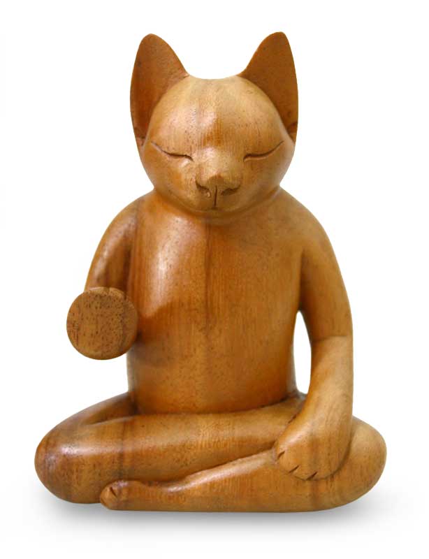 Premium Blessing Cat Wood Sculpture - Handcrafted Meditation Art