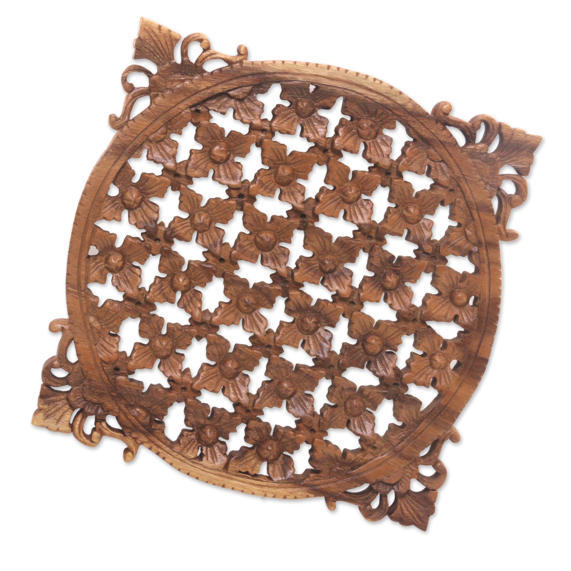 Premium Hand-Carved Floral Wood Wall Art - Elegant Indonesian Suar Wood Relief