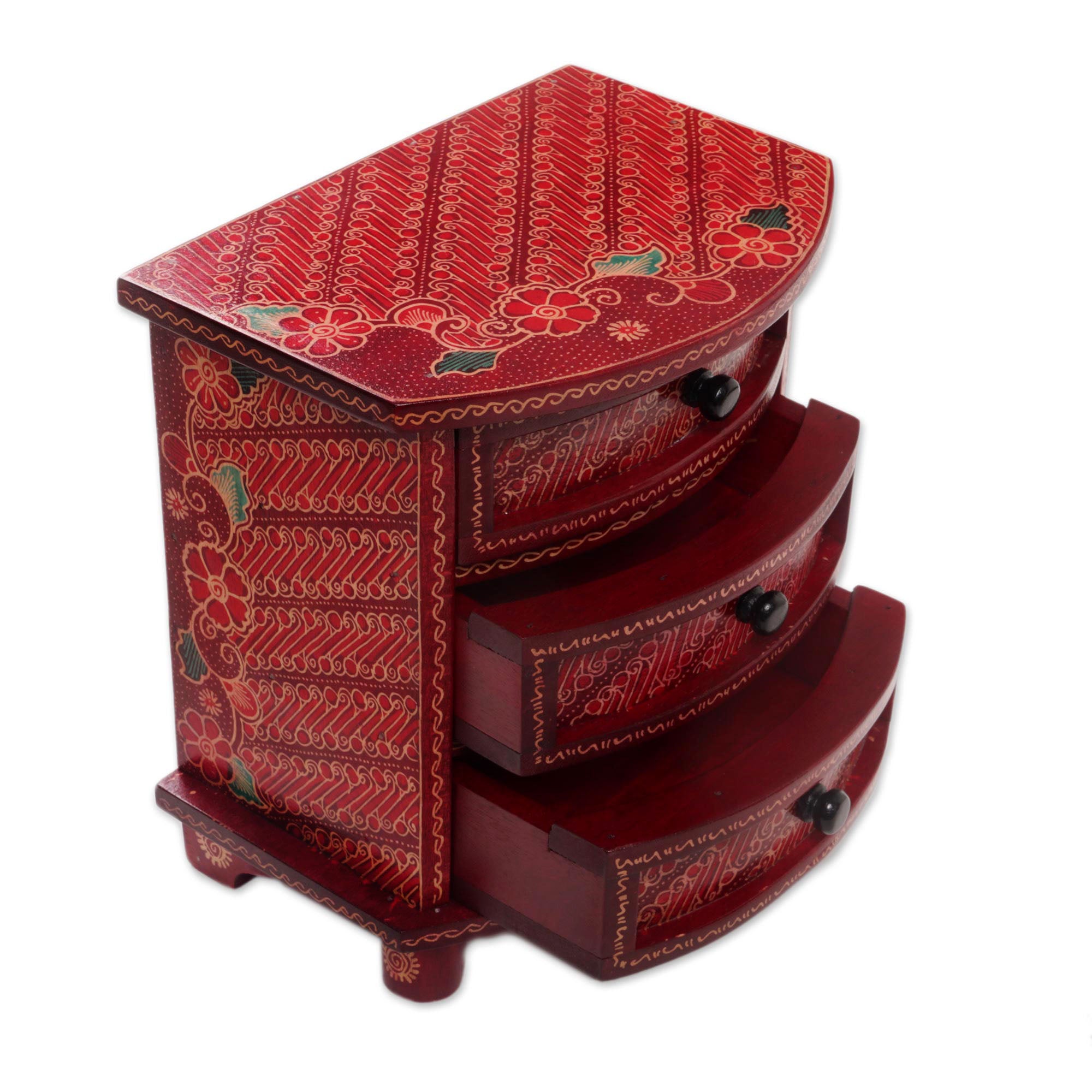 Premium Scarlet Scrolls Batik Jewelry Box - Handcrafted Parang Motif