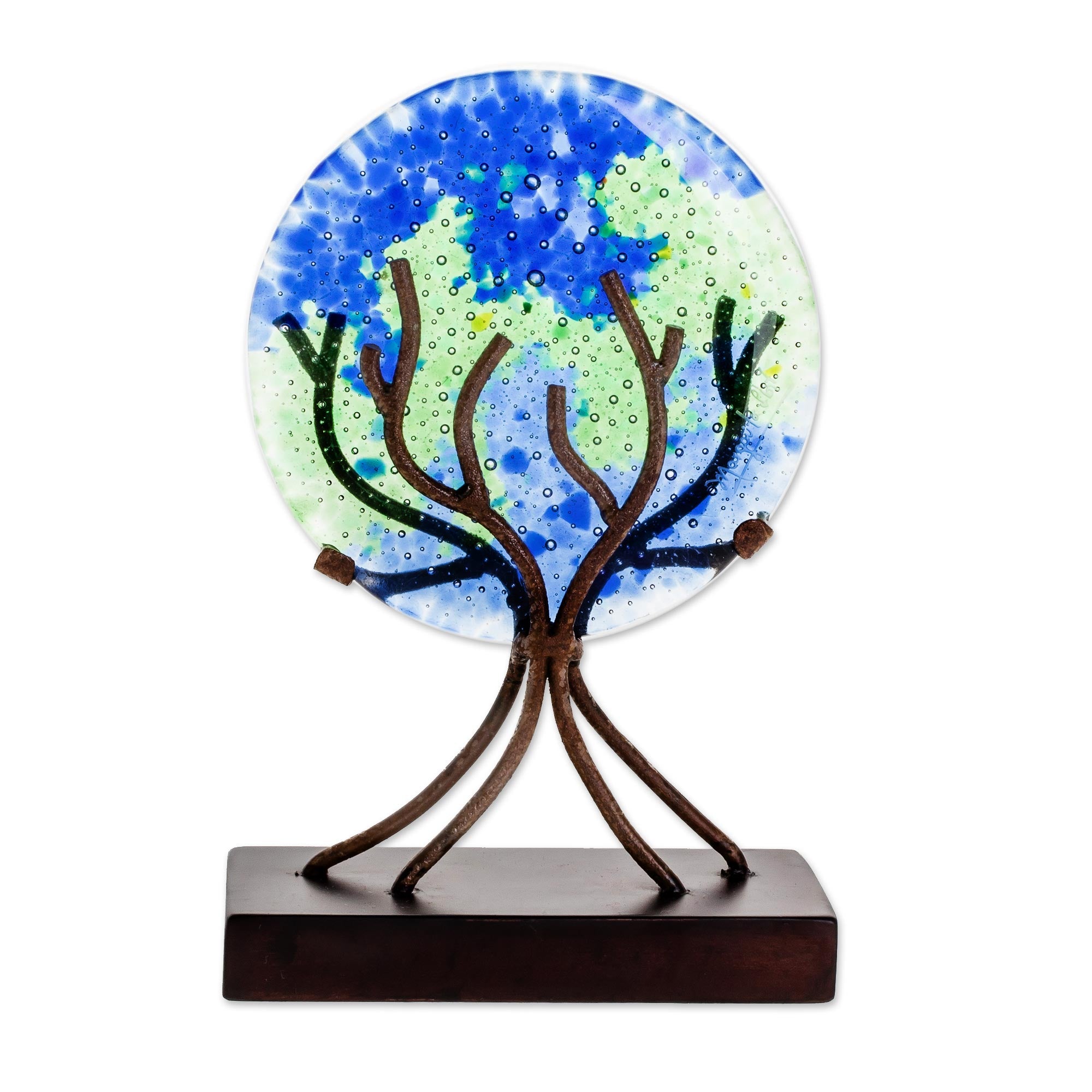 Premium Blue Circular Art Glass Sculpture - Handcrafted Tree of Life Design from El Salvador