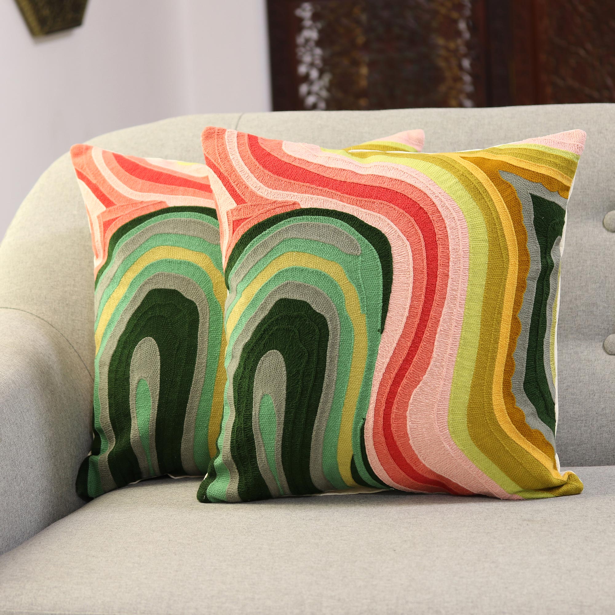 Premium Abstract Embroidered Cotton Cushion Covers (Pair) - Vibrant Evening Design