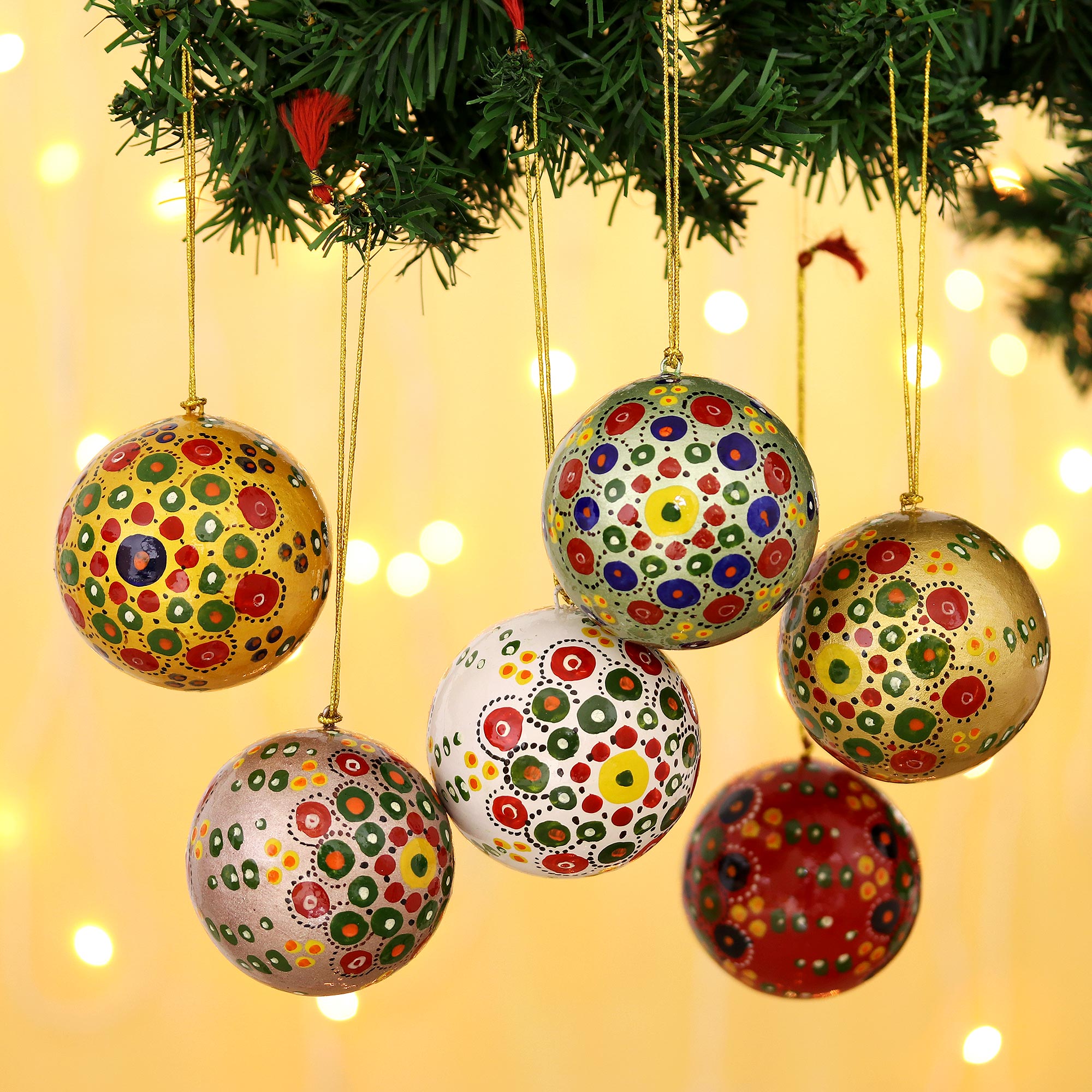 Premium Handcrafted Christmas Papier Mache Ornaments - Multicolor Set of 6