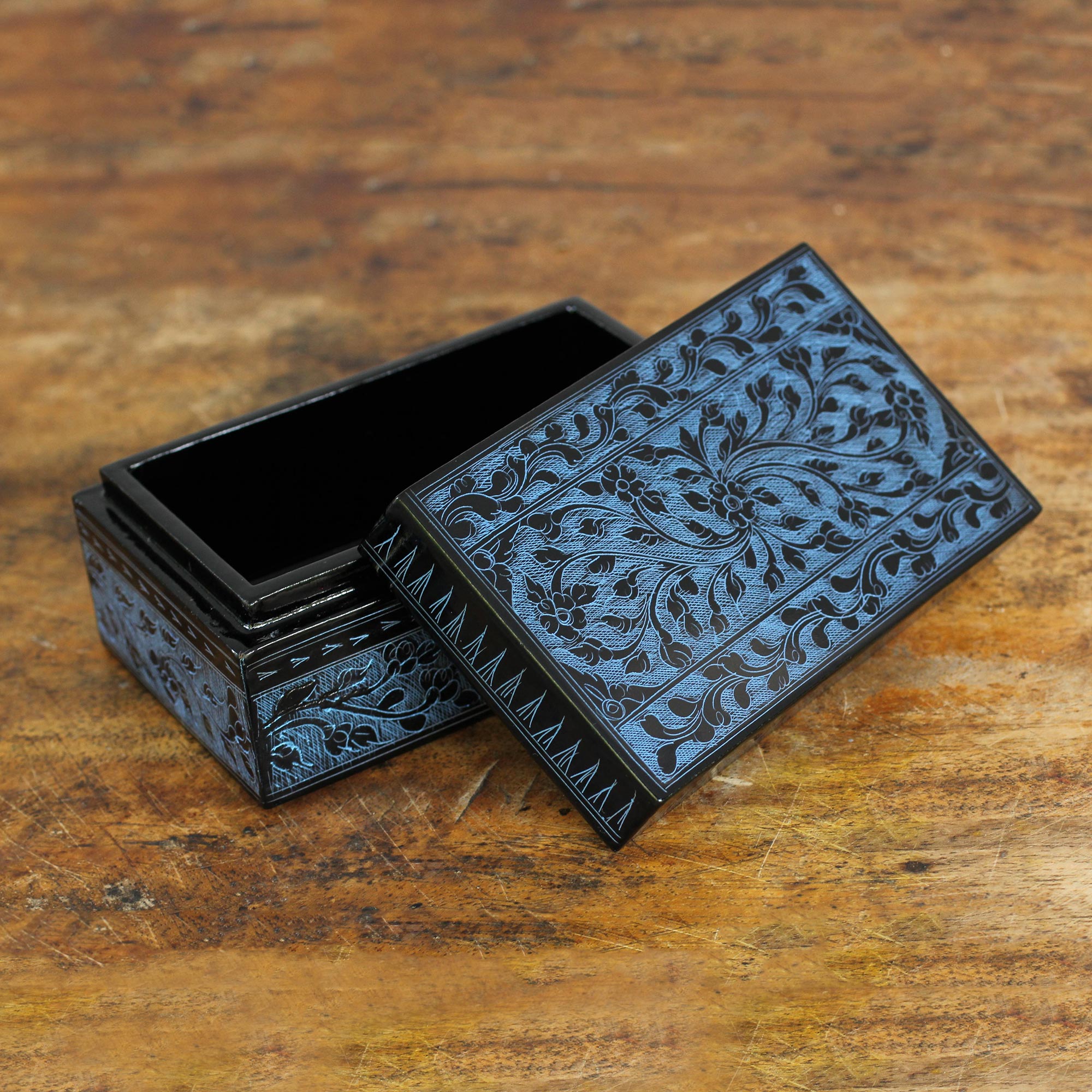 Premium Blue Thai Fantasy Floral Lacquered Wood Box – Handcrafted Elegance