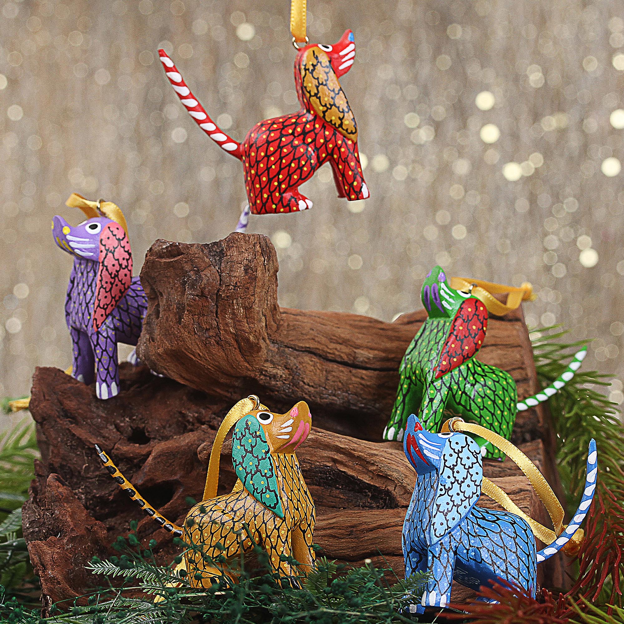Premium Hand-Painted Alebrije Puppy Ornaments - Set of 5 | Authentic Mexican Craft