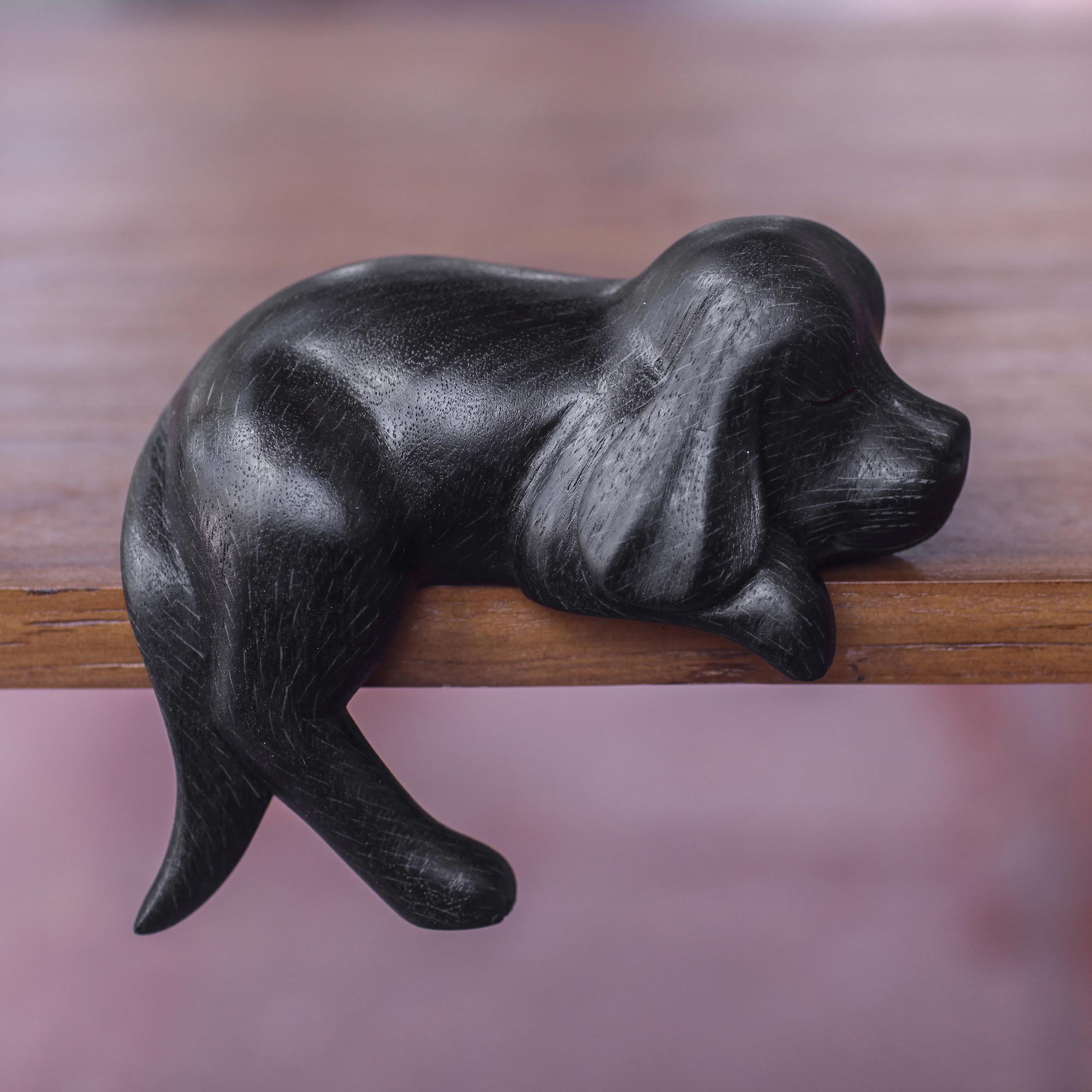 Premium Handcrafted Sleeping Black Cocker Spaniel Puppy Wood Sculpture