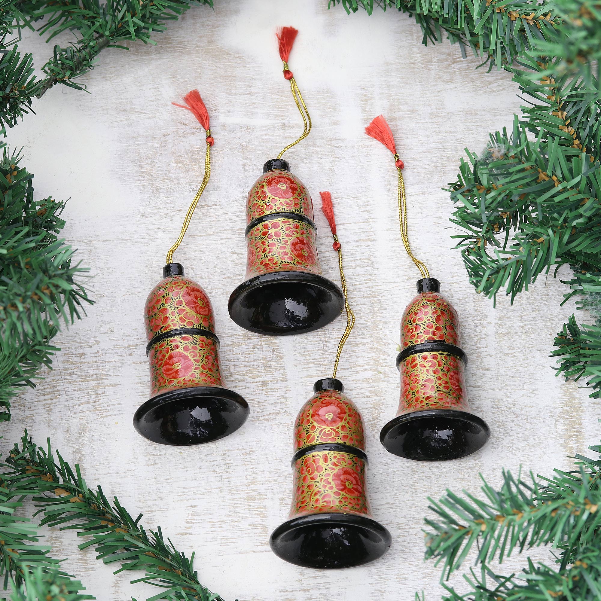 Premium Floral Bell Ornaments Set of 4 - Handcrafted Papier Mache Holiday Decor