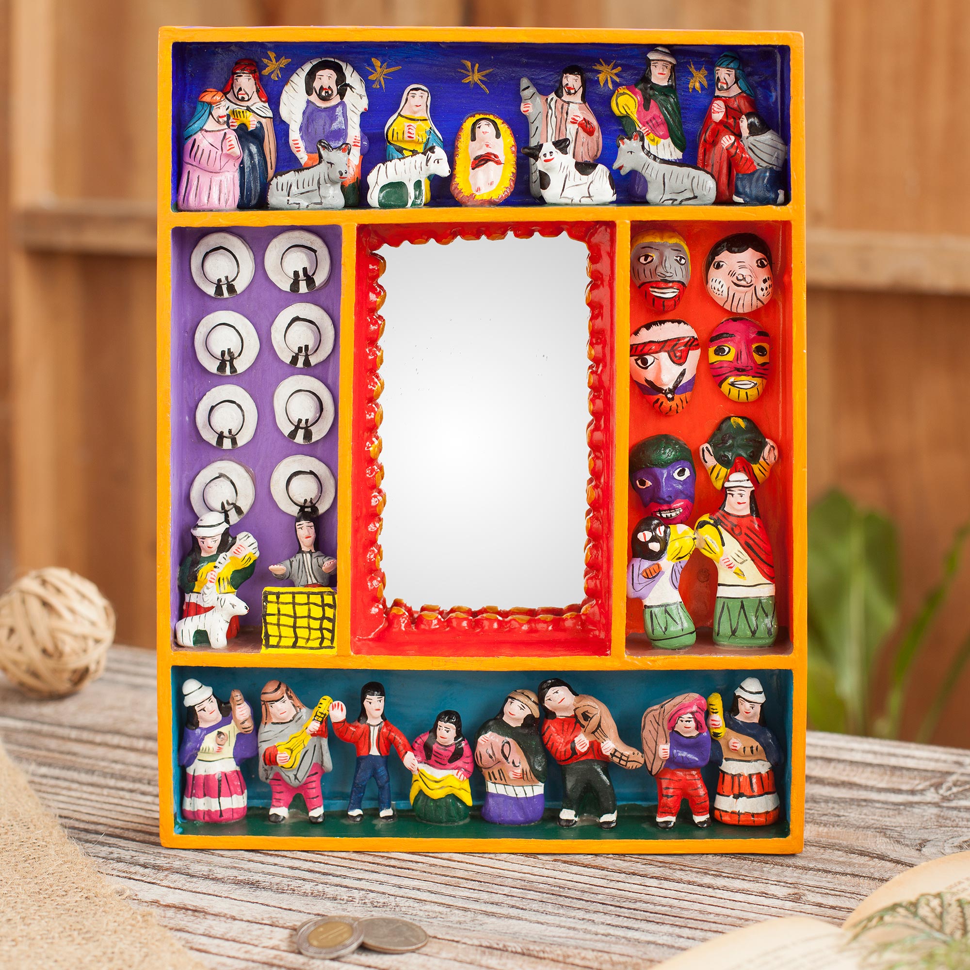 Premium Ayacucho Retablo-Style Nativity Wood Wall Mirror - Handcrafted in Peru