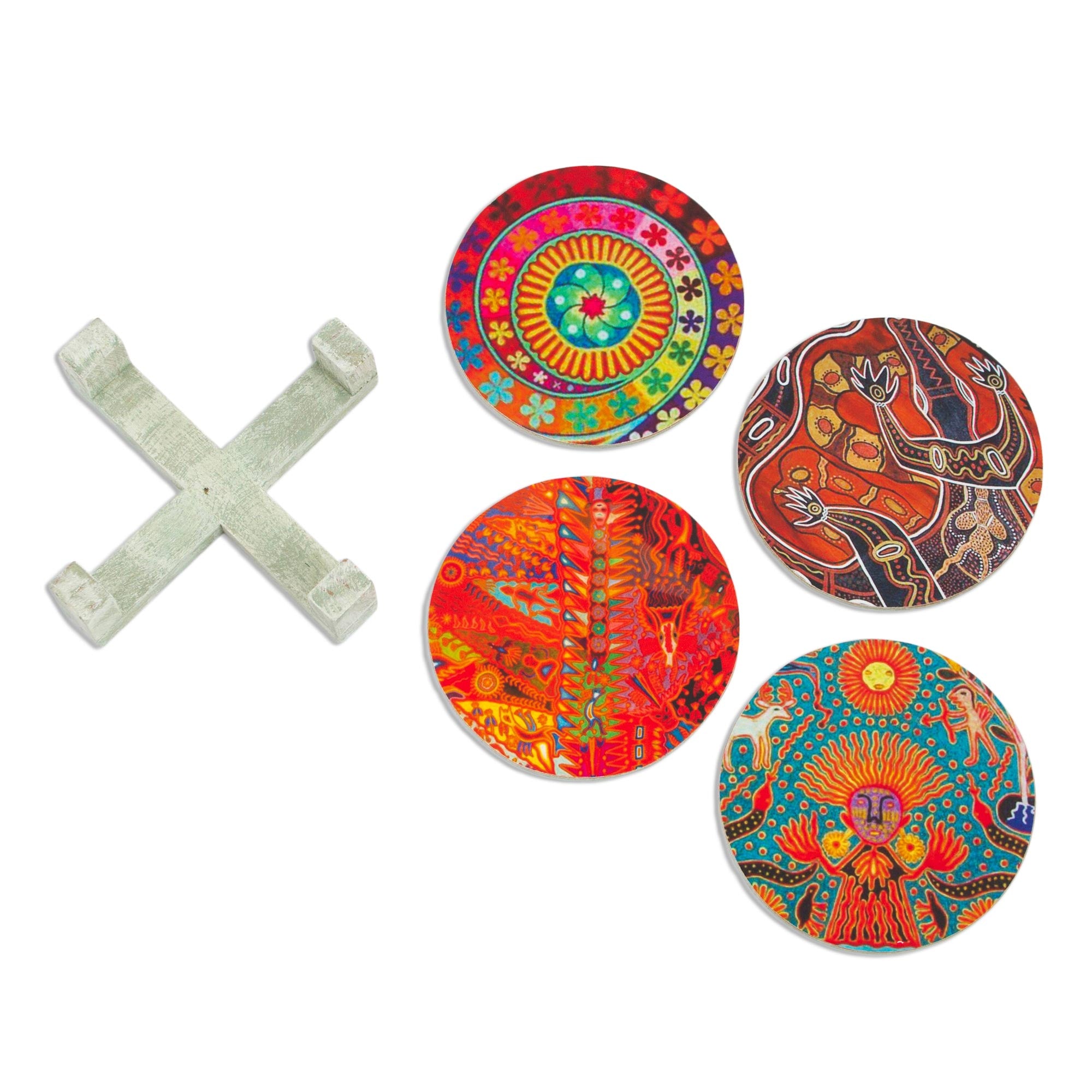 Premium Huichol Multicolored Pinewood Coasters Set with Holder