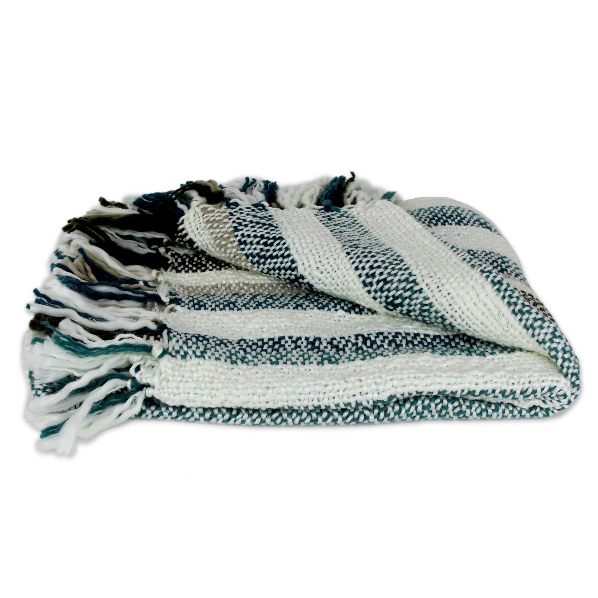 Premium Handcrafted Teal & Beige Tassel Throw Blanket