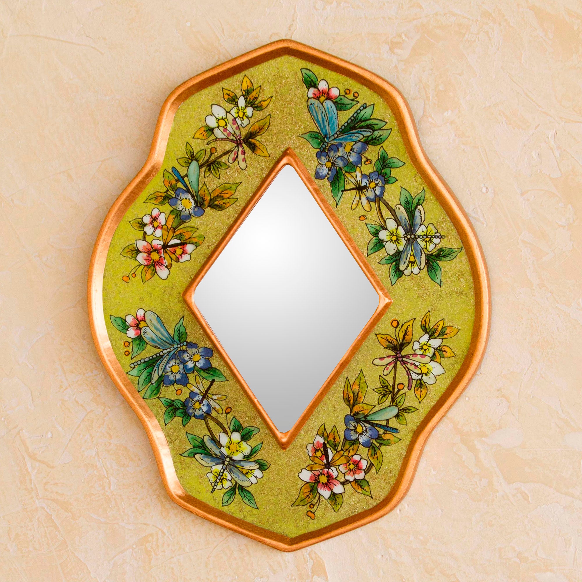 Premium Andean Reverse Painted Glass Wall Mirror - Summer Garden Yellow