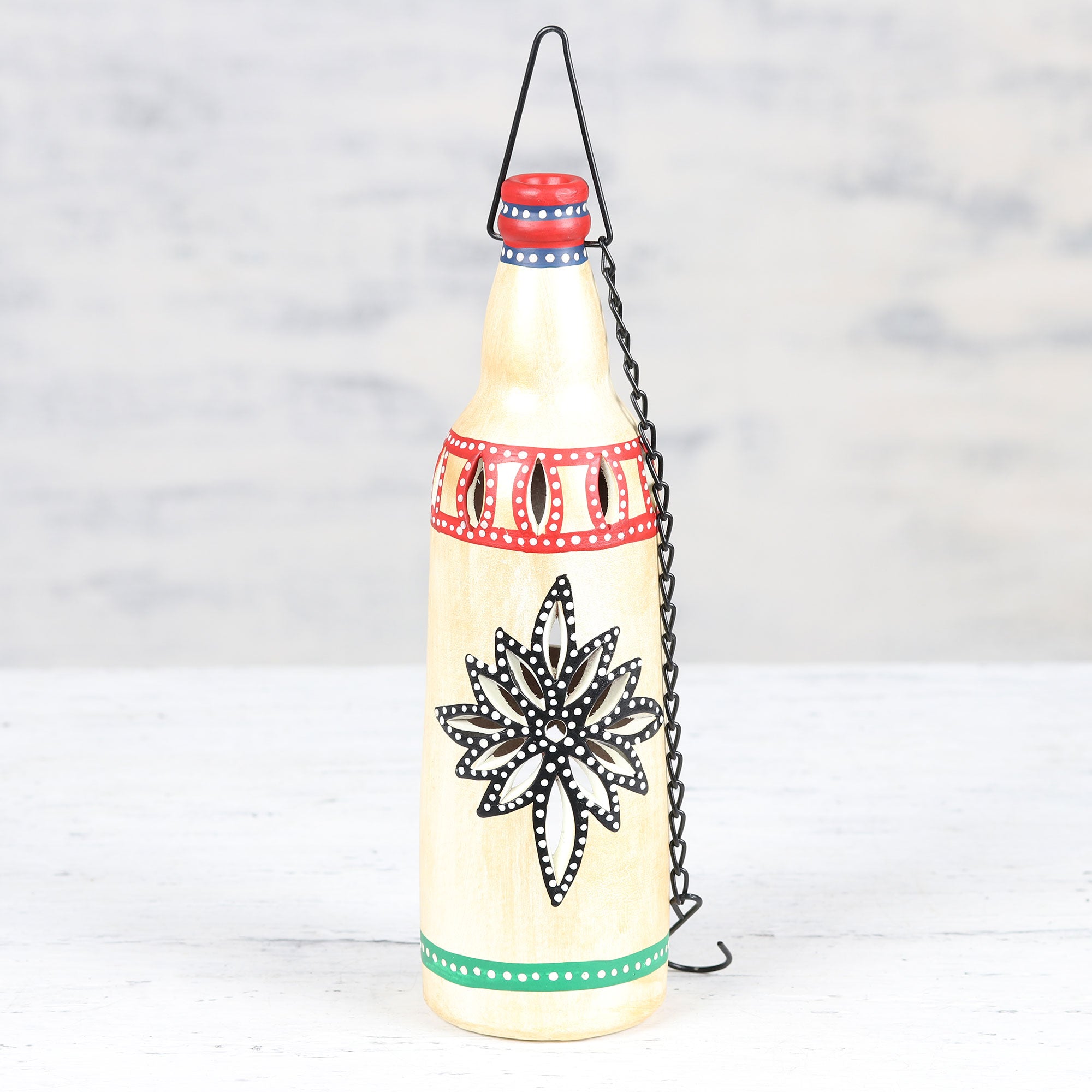 Premium Beige Ceramic Hanging Tealight Holder - Handcrafted Floral Design from India