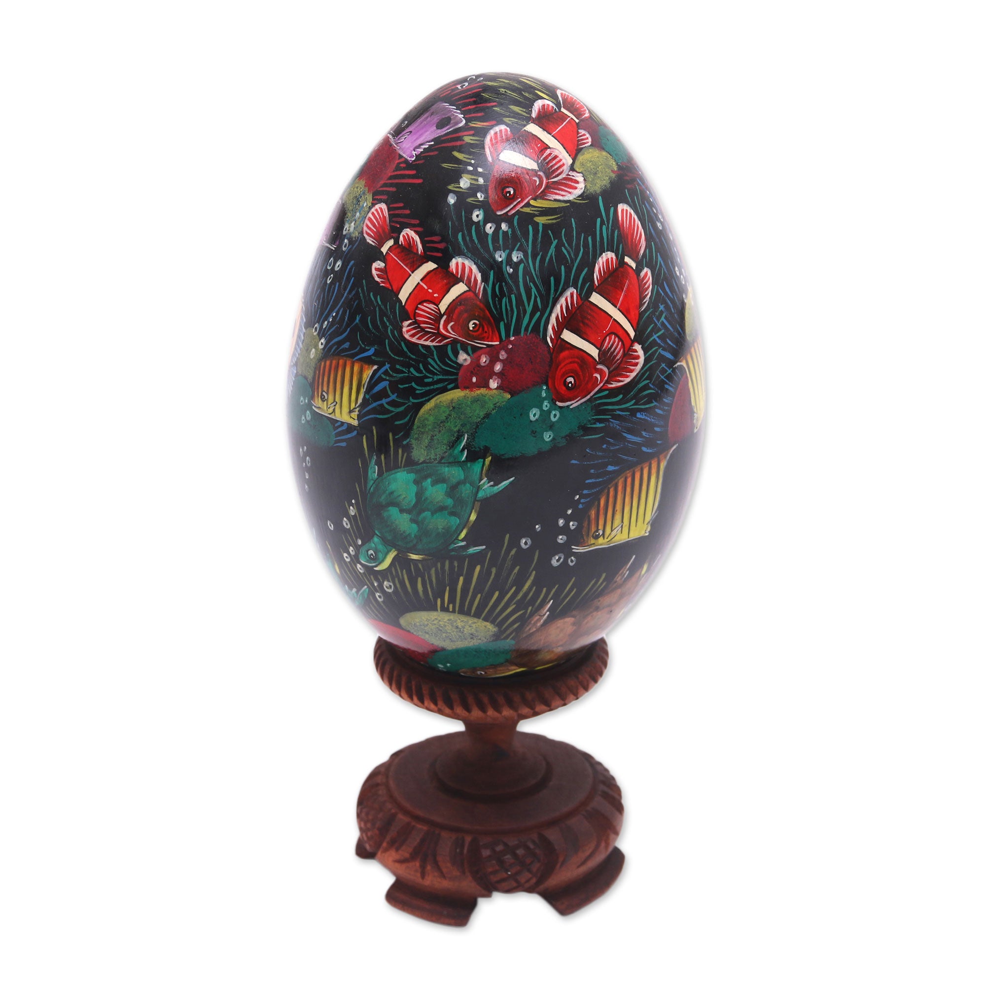 Premium Hand-Painted Reef Fish Wooden Egg Statuette – Bali Artisan Crafted