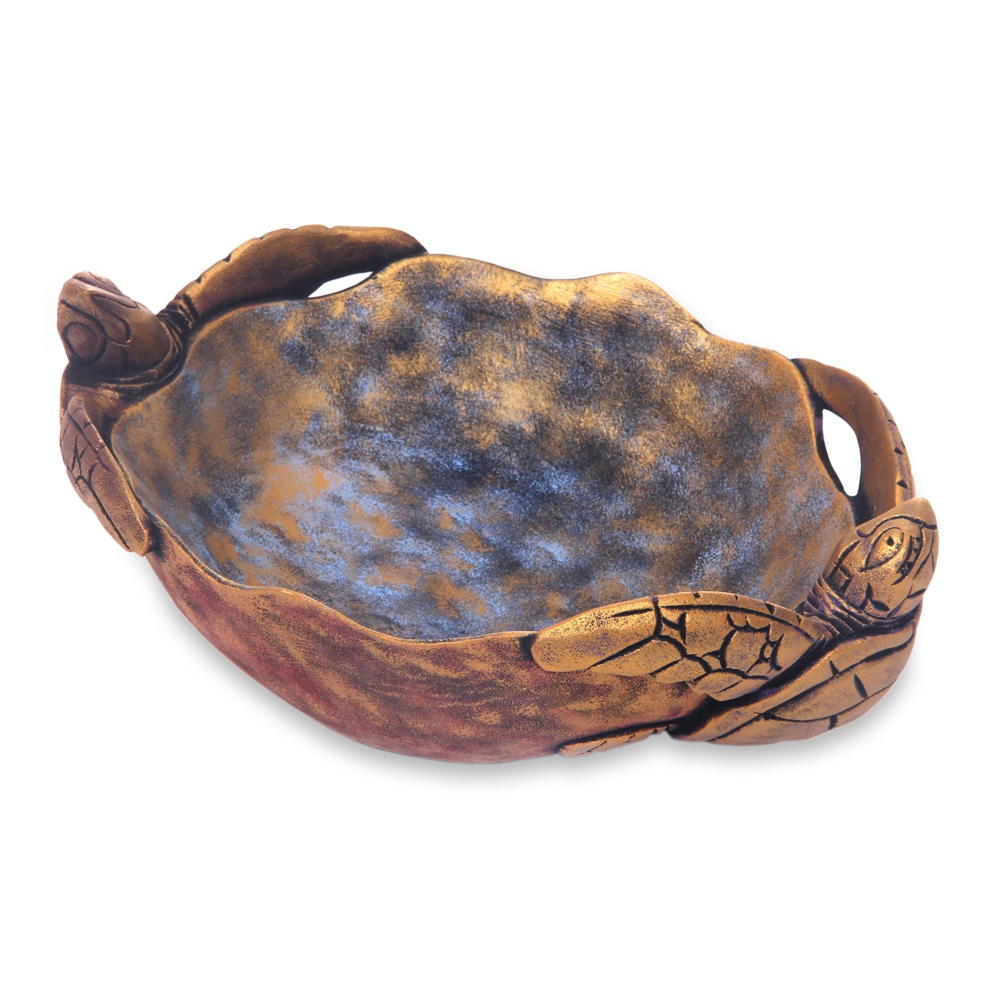 Premium Hand-Carved Sea Turtle Twins Wooden Centerpiece - Antique Gilded Finish