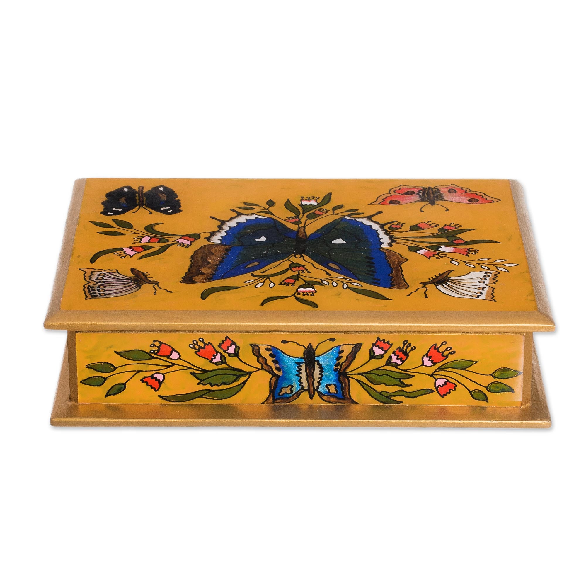 Premium Butterfly Reverse Painted Glass Jewelry Box - Handcrafted Wooden Treasure