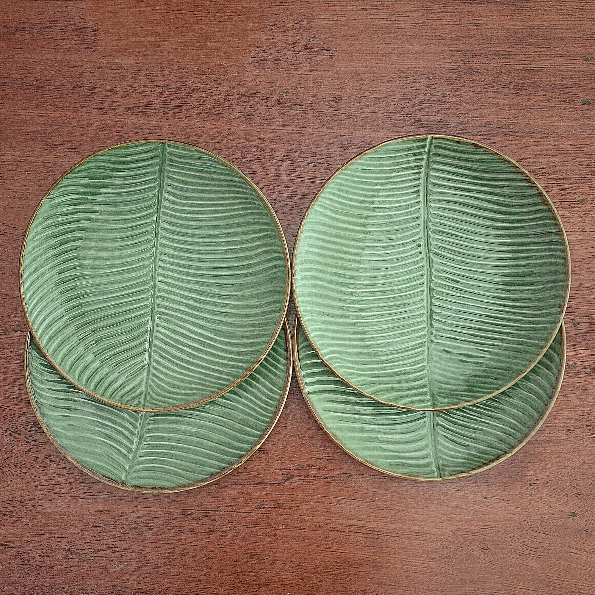 Premium Ceramic Banana Leaf Salad Plates Set of 4 - Tropical Elegance from Bali