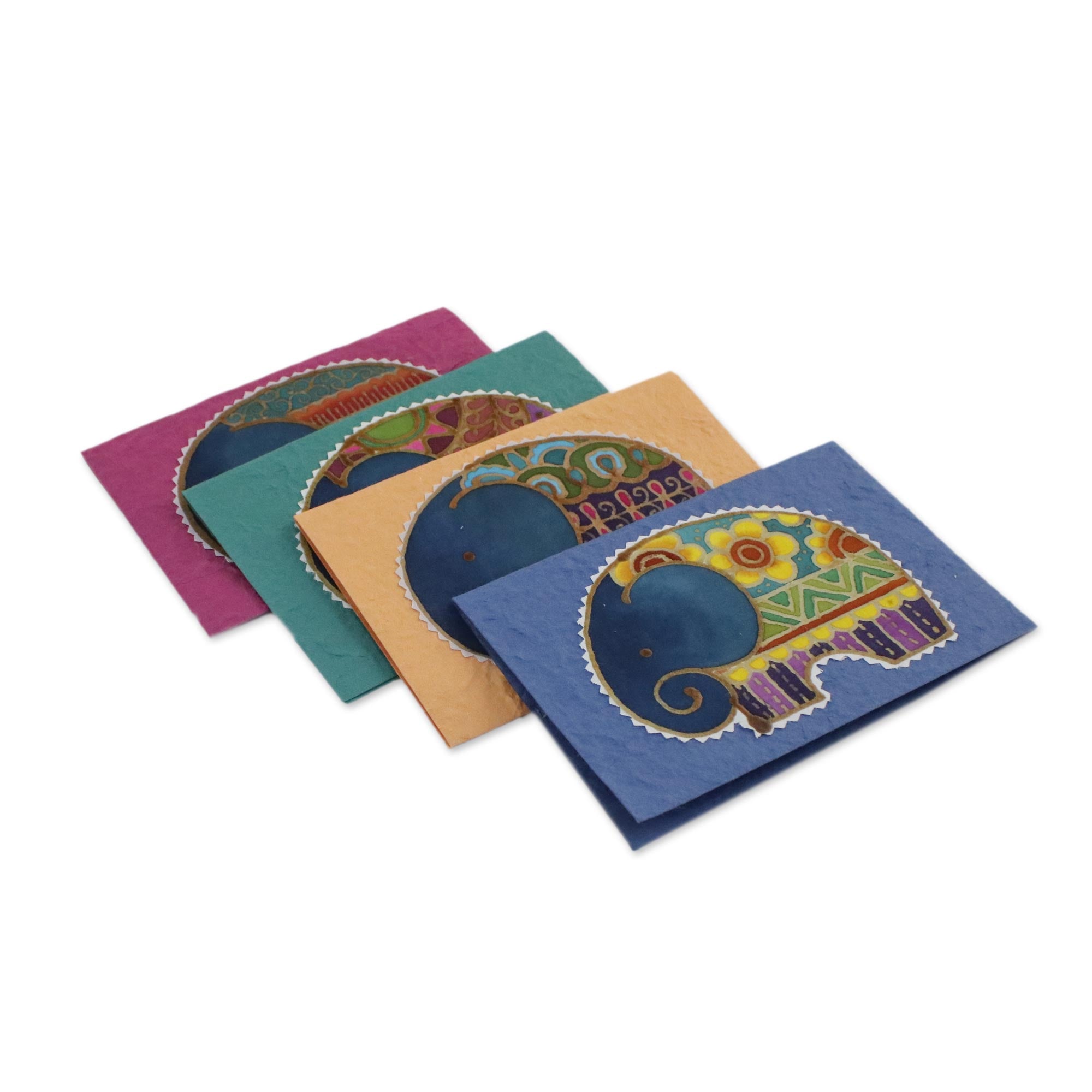 Premium Batik Elephant Greeting Cards - Set of 4 Handcrafted Cotton & Mulberry Paper Designs