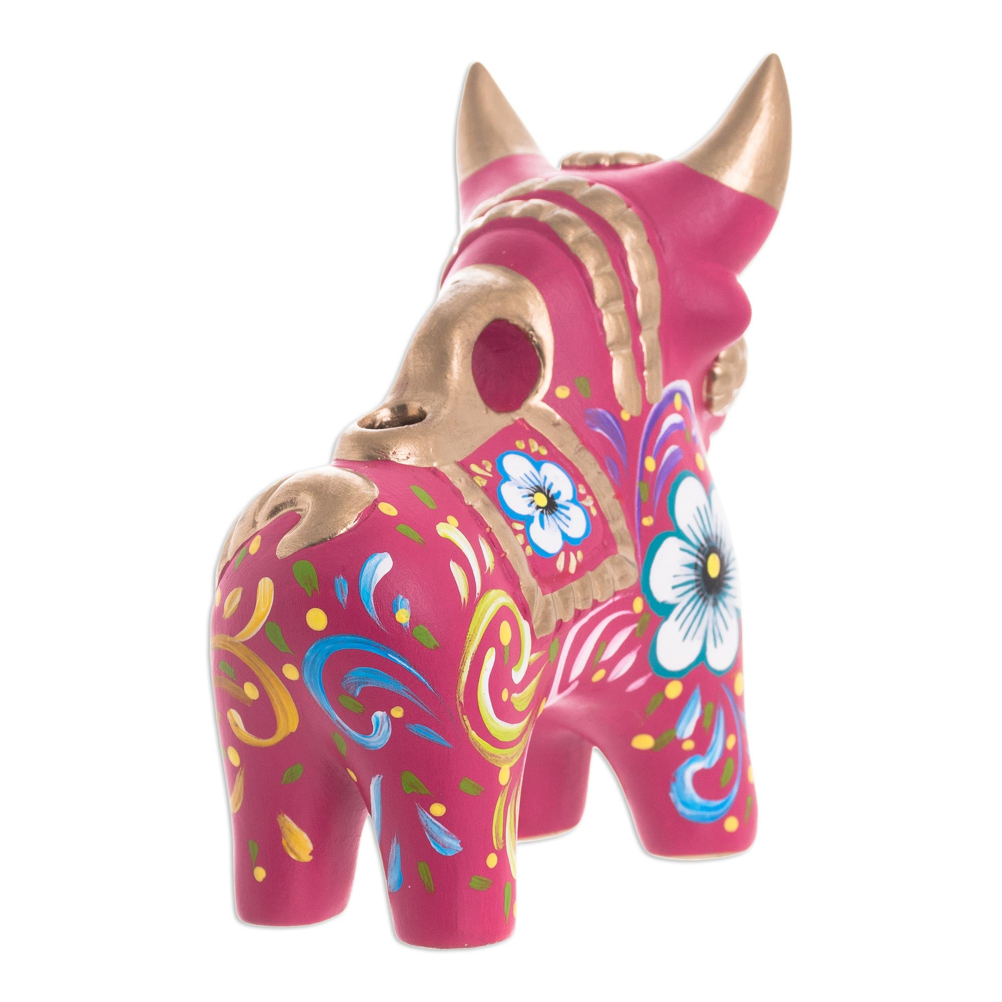 Premium Hand-Painted Ceramic Bull Statue - Fuchsia & Multi-Color Floral Design from Peru