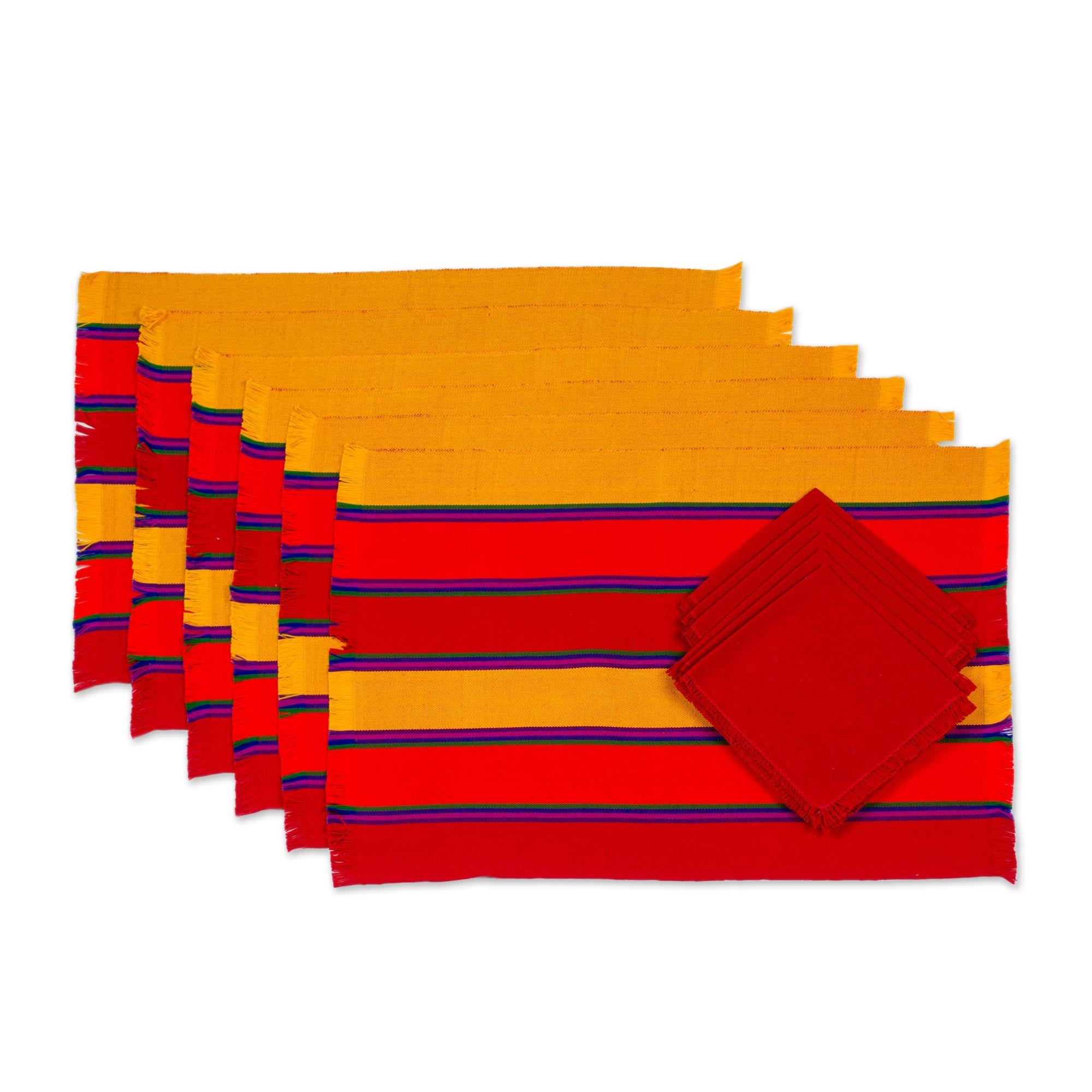 Premium Guatemalan Sunset Striped Cotton Placemat & Napkin Set - Handwoven Elegance