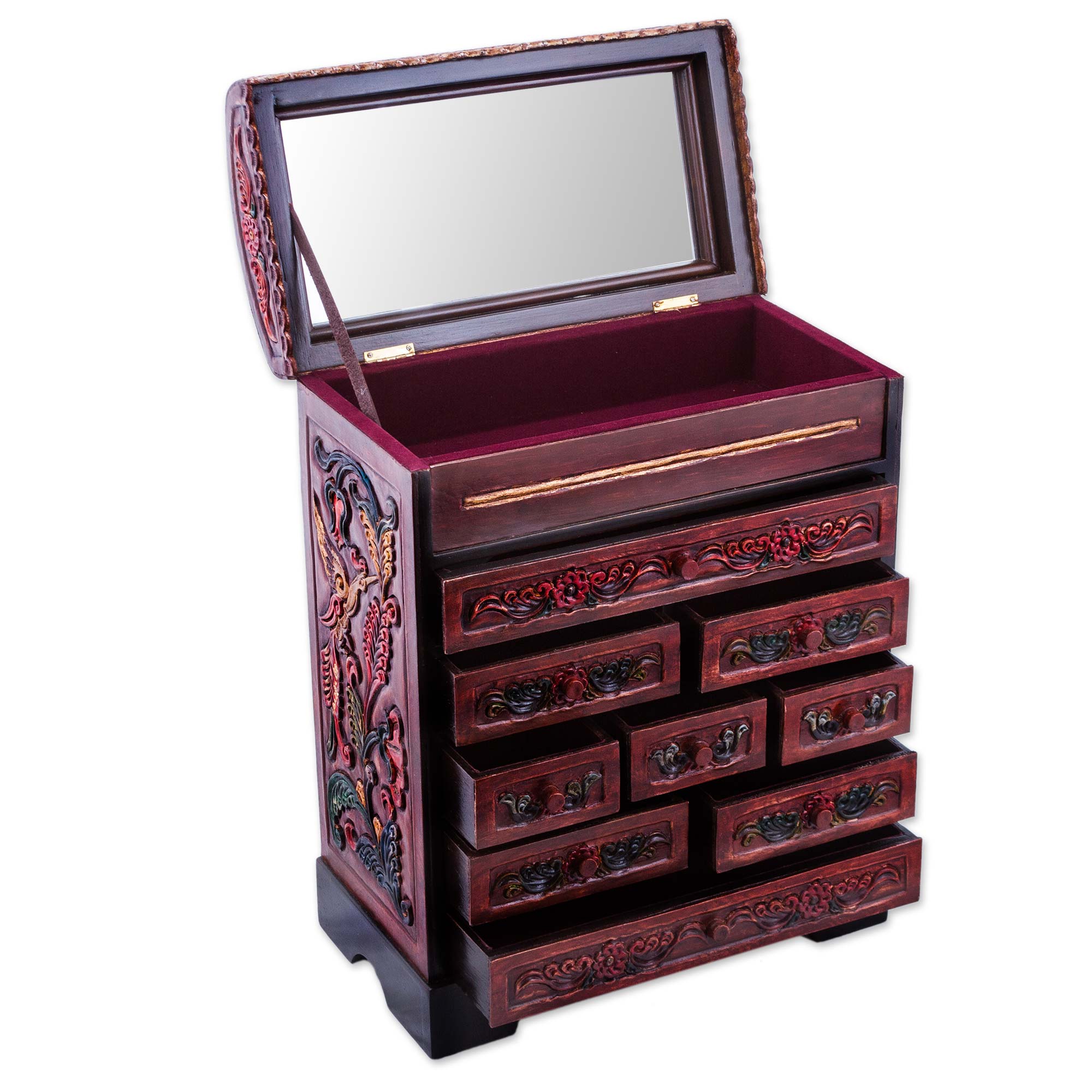 Premium Hand-Carved Cedar Wood Jewelry Box with Mirror – Hummingbird Design