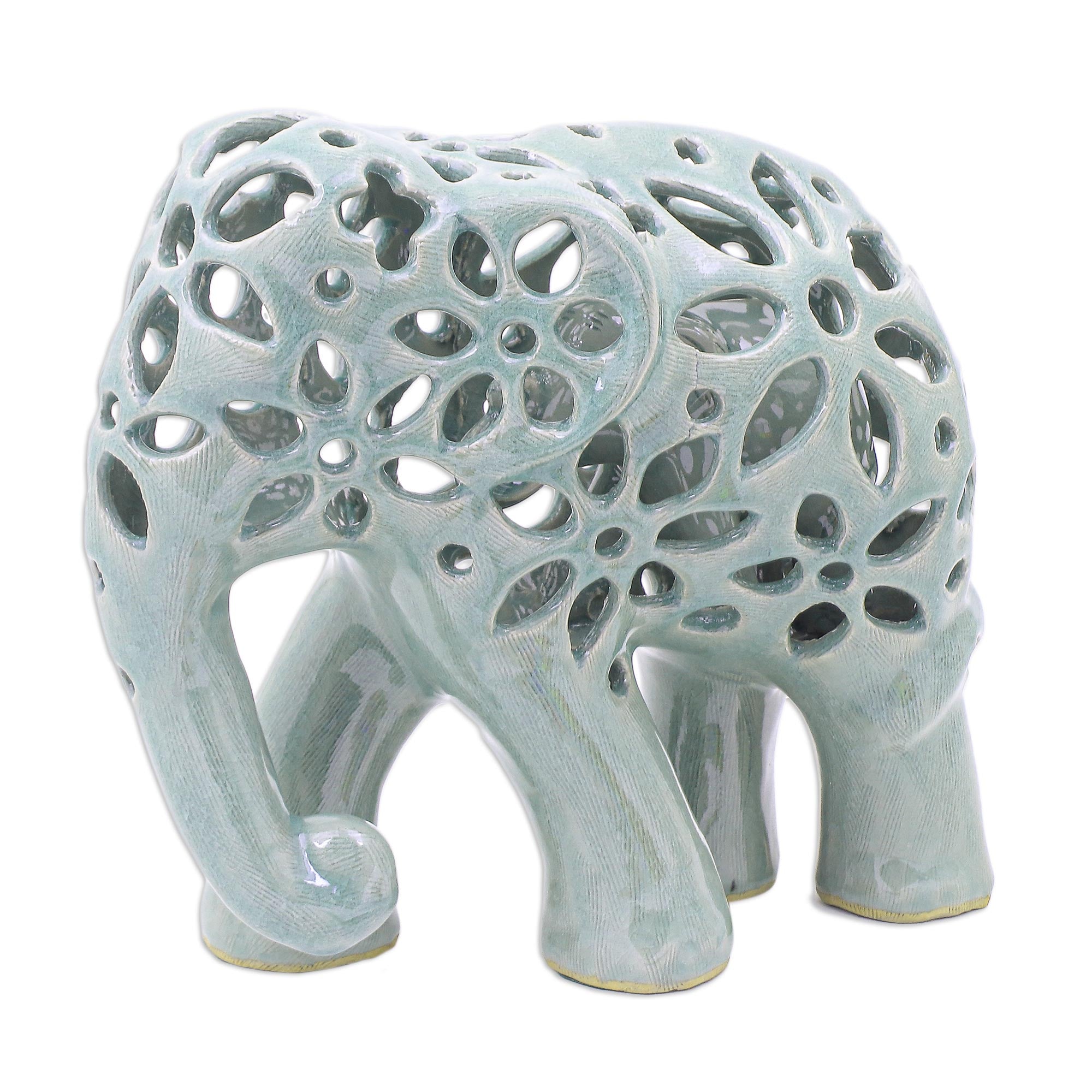 Premium Handcrafted Celadon Elephant Sculpture – Floral Artistry by Thai Artisans