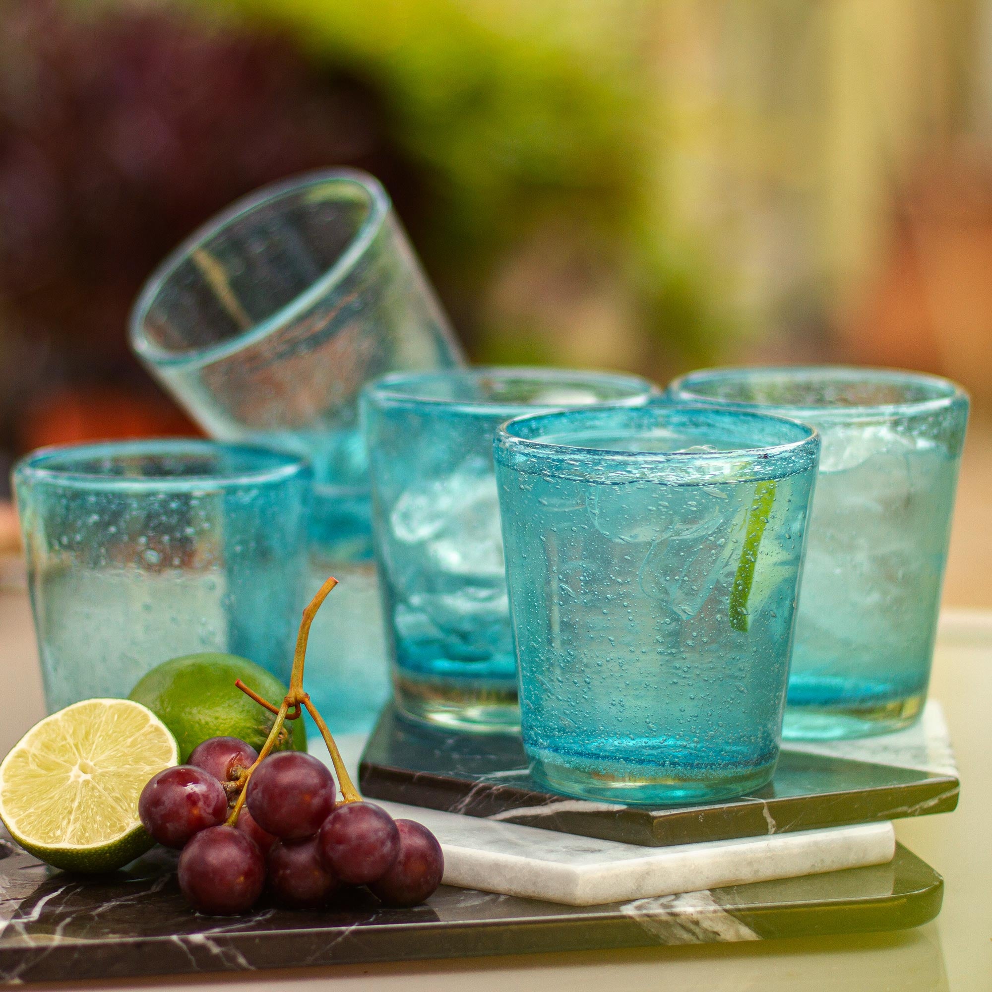 Premium Aquamarine Bubbles Set - Handcrafted 10 oz Juice Glasses