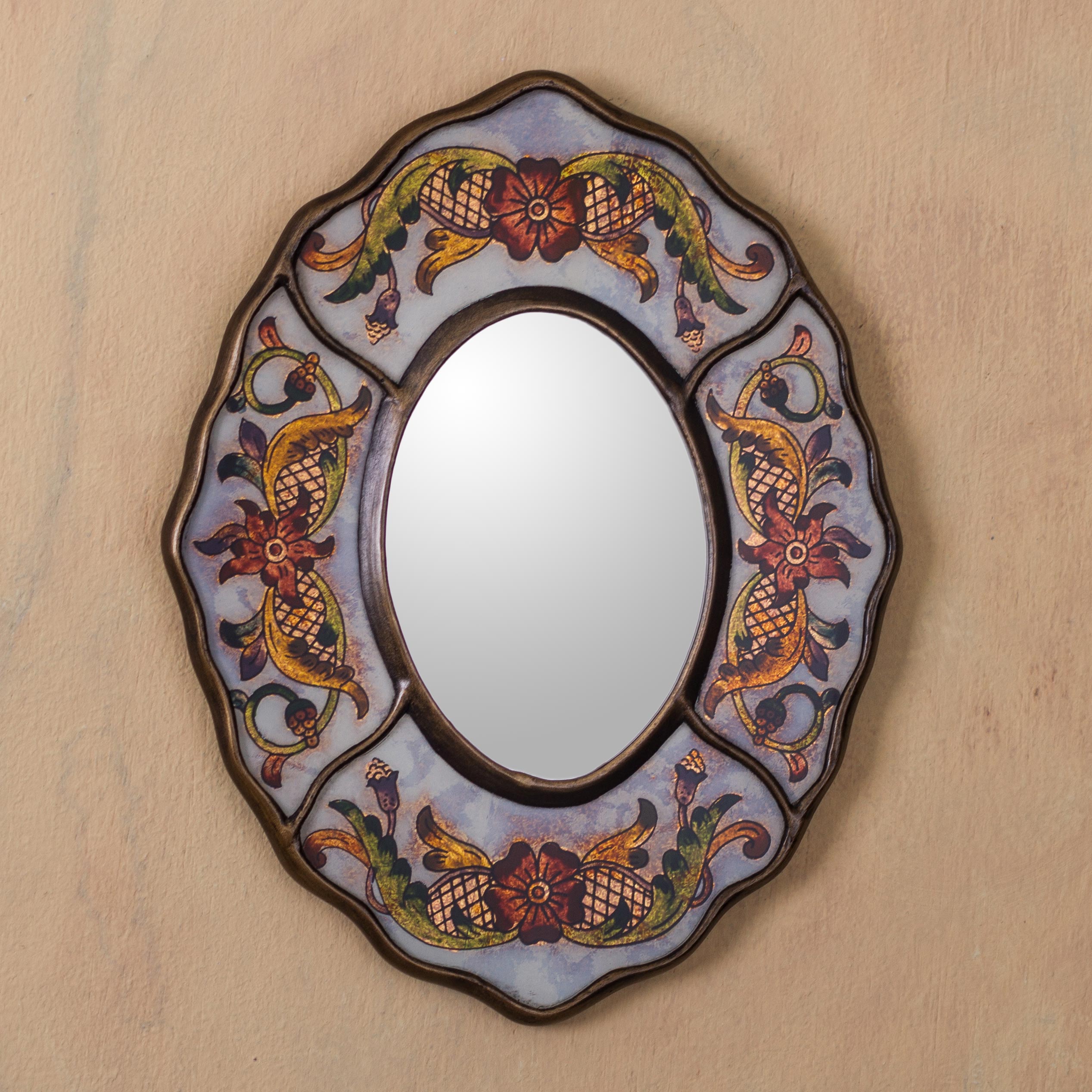 Premium White Colonial Wreath Wall Mirror - Hand-Painted Reverse Glass Art from Peru