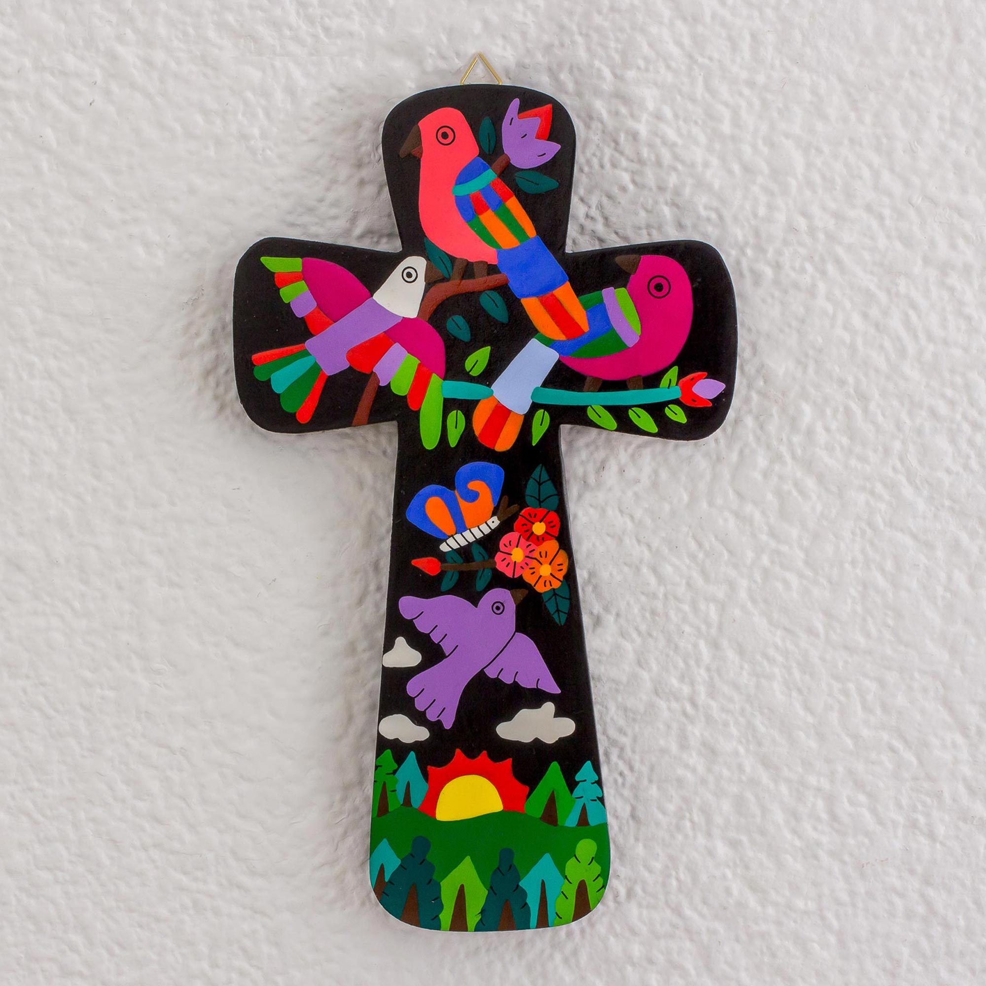 Premium Hand-Painted Neon Nature Pinewood Wall Cross with Vibrant Bird Motifs