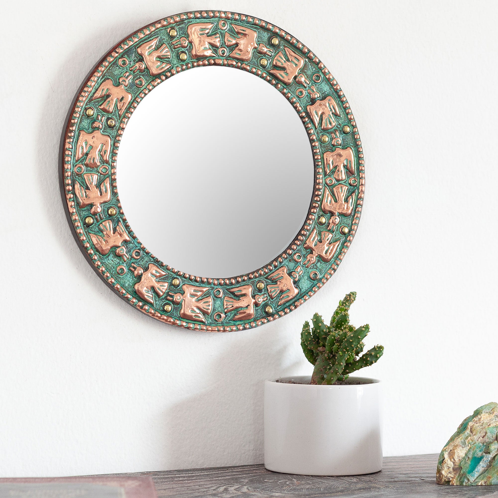 Premium Pre-Hispanic Copper Wall Mirror - Handcrafted Bird Motif Design from Peru