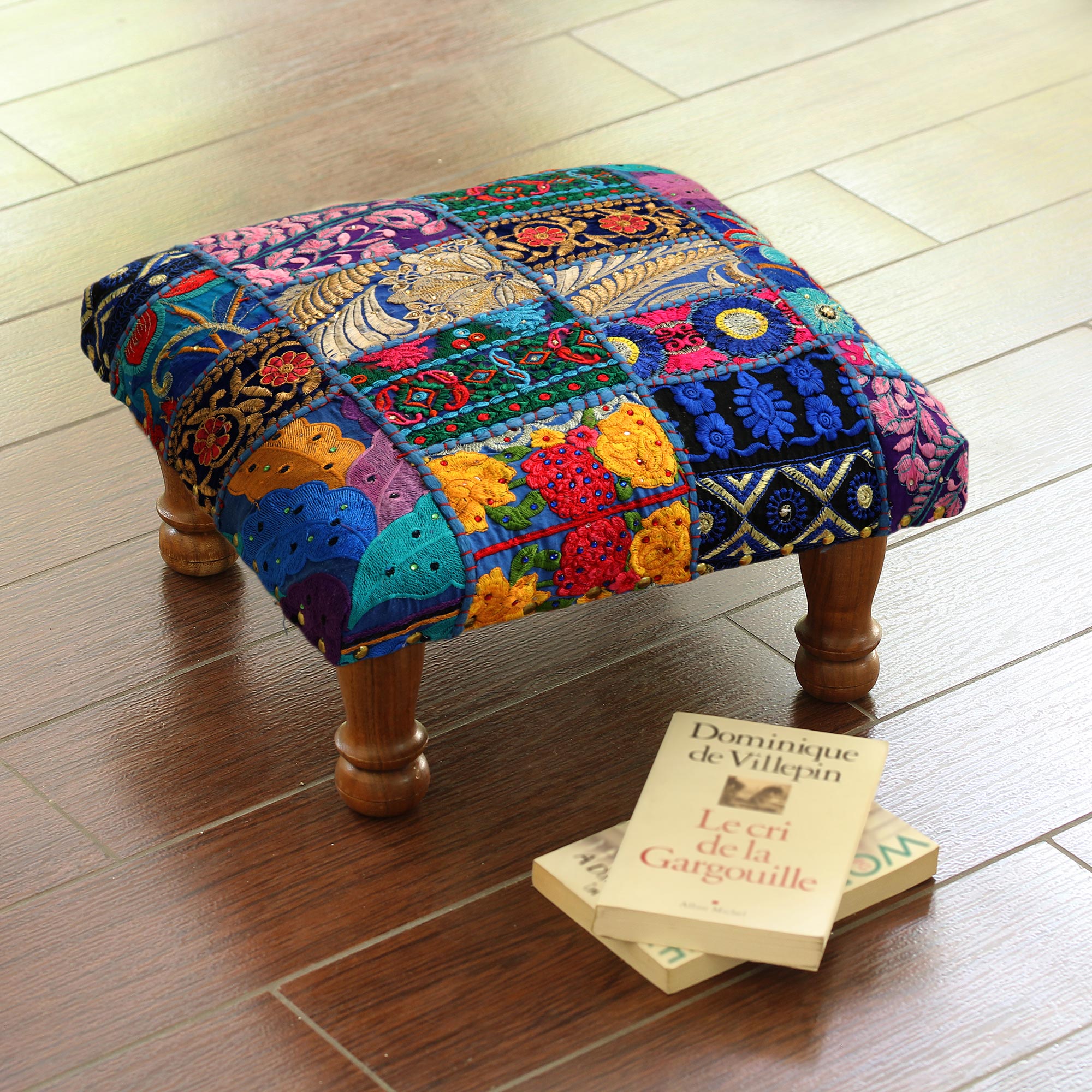 Premium Handcrafted Patchwork Ottoman Footstool - Rajasthani Artisan Design