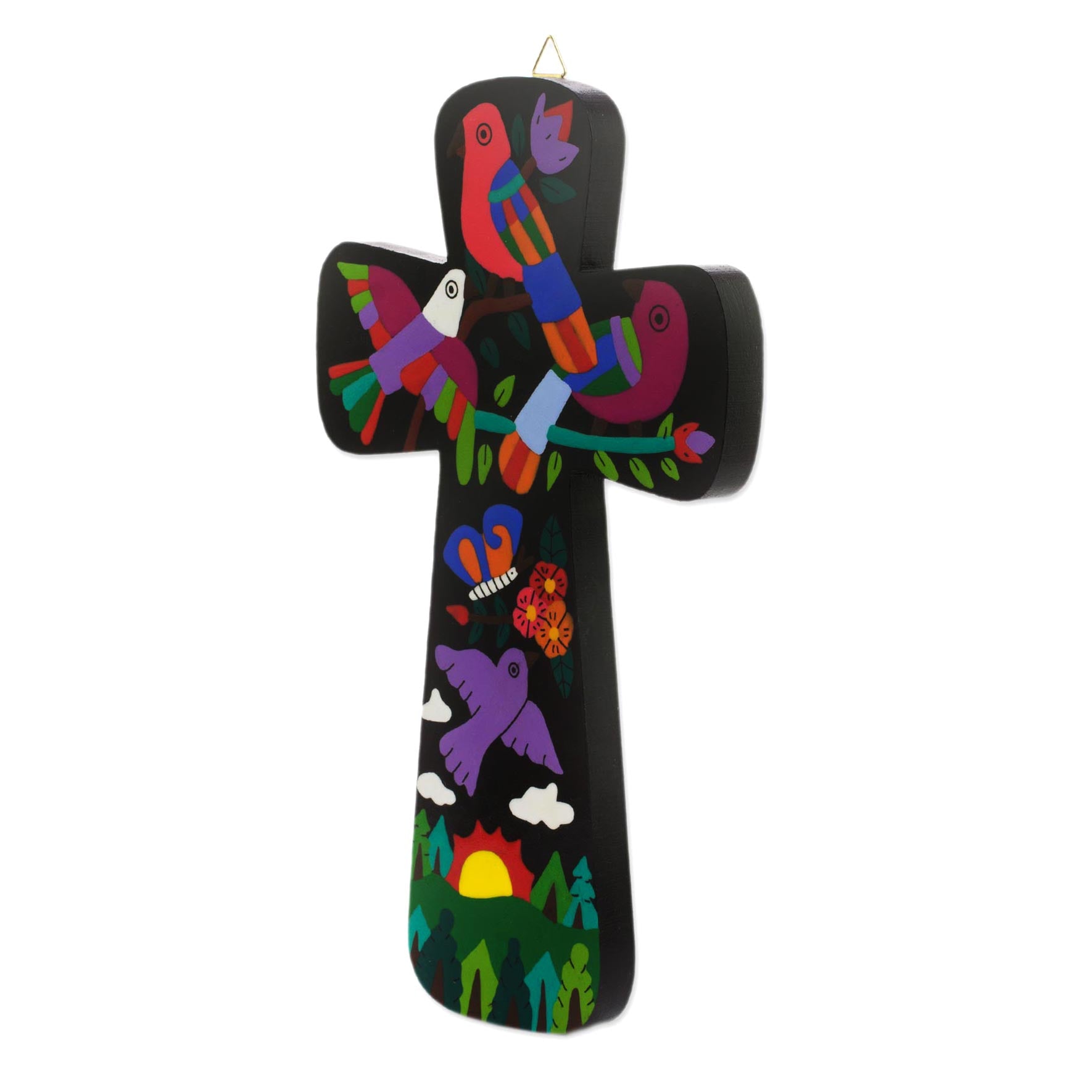 Premium Hand-Painted Neon Nature Pinewood Wall Cross with Vibrant Bird Motifs