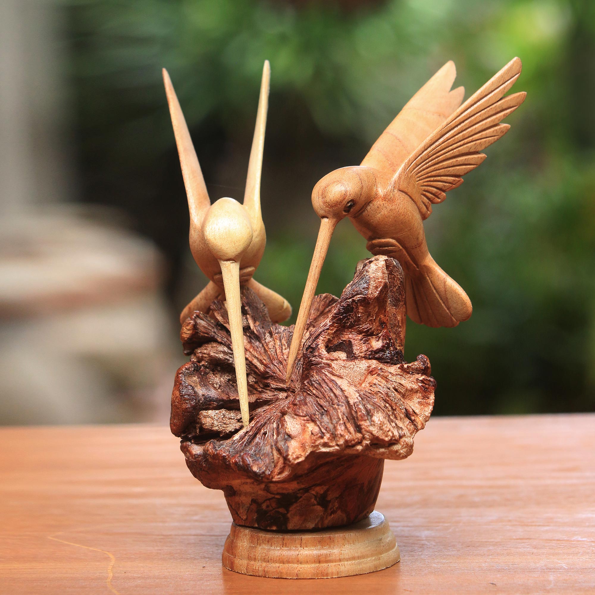 Premium Hand-Carved Hummingbird Sculpture Duo - Authentic Bali Artistry