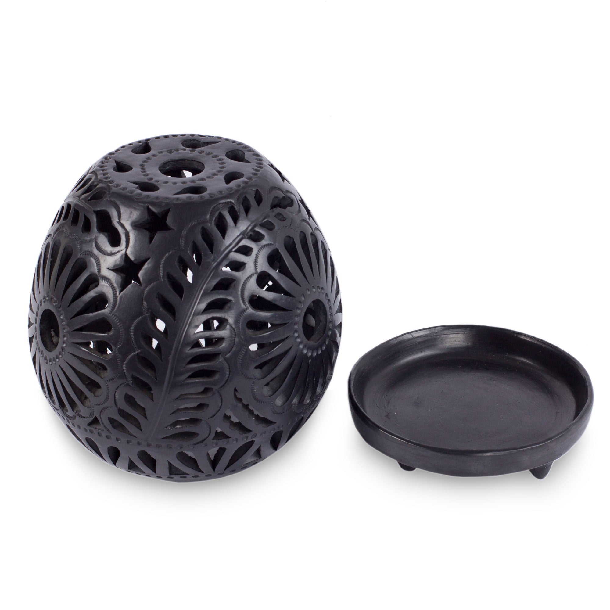 Premium Handcrafted Mexican Black Pottery Candleholder – Black Blossoms Design
