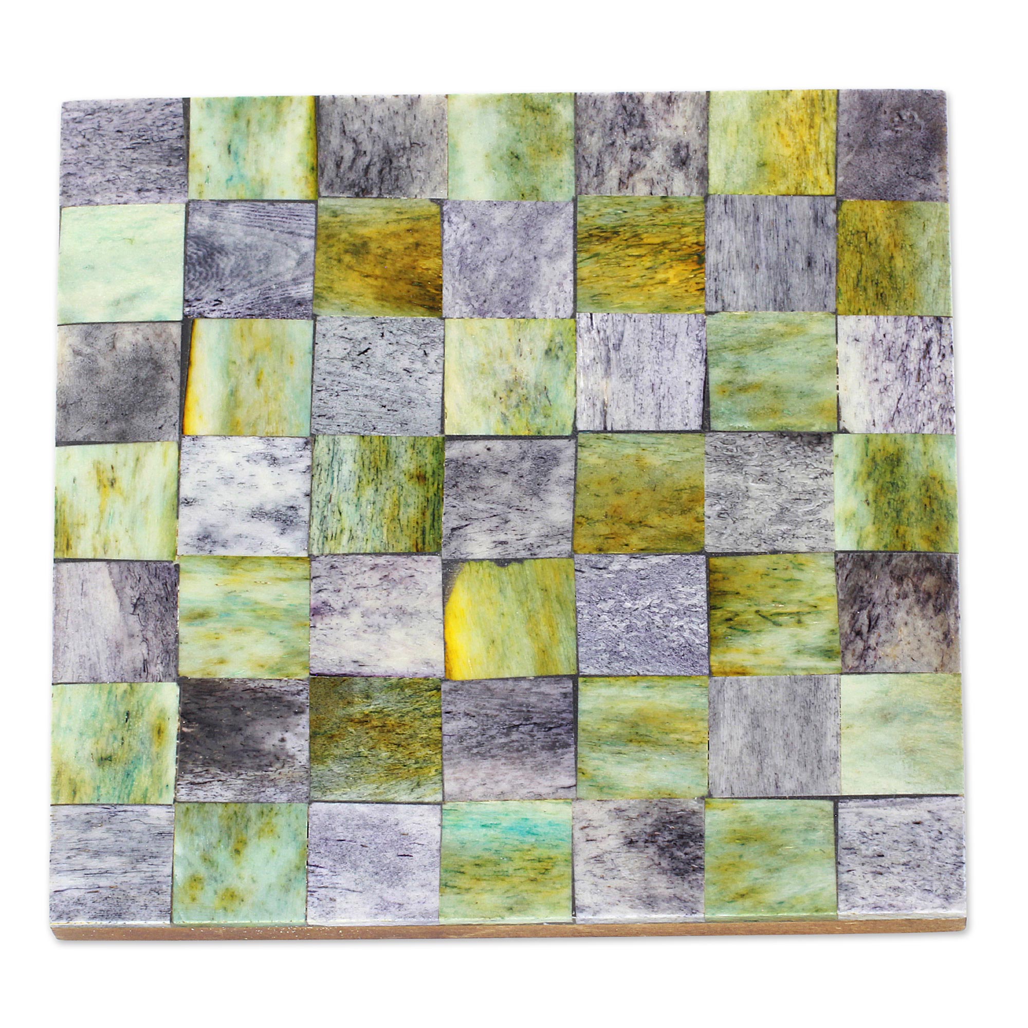 Premium Handcrafted Green & Grey Checkerboard Bone Coasters - Set of 6