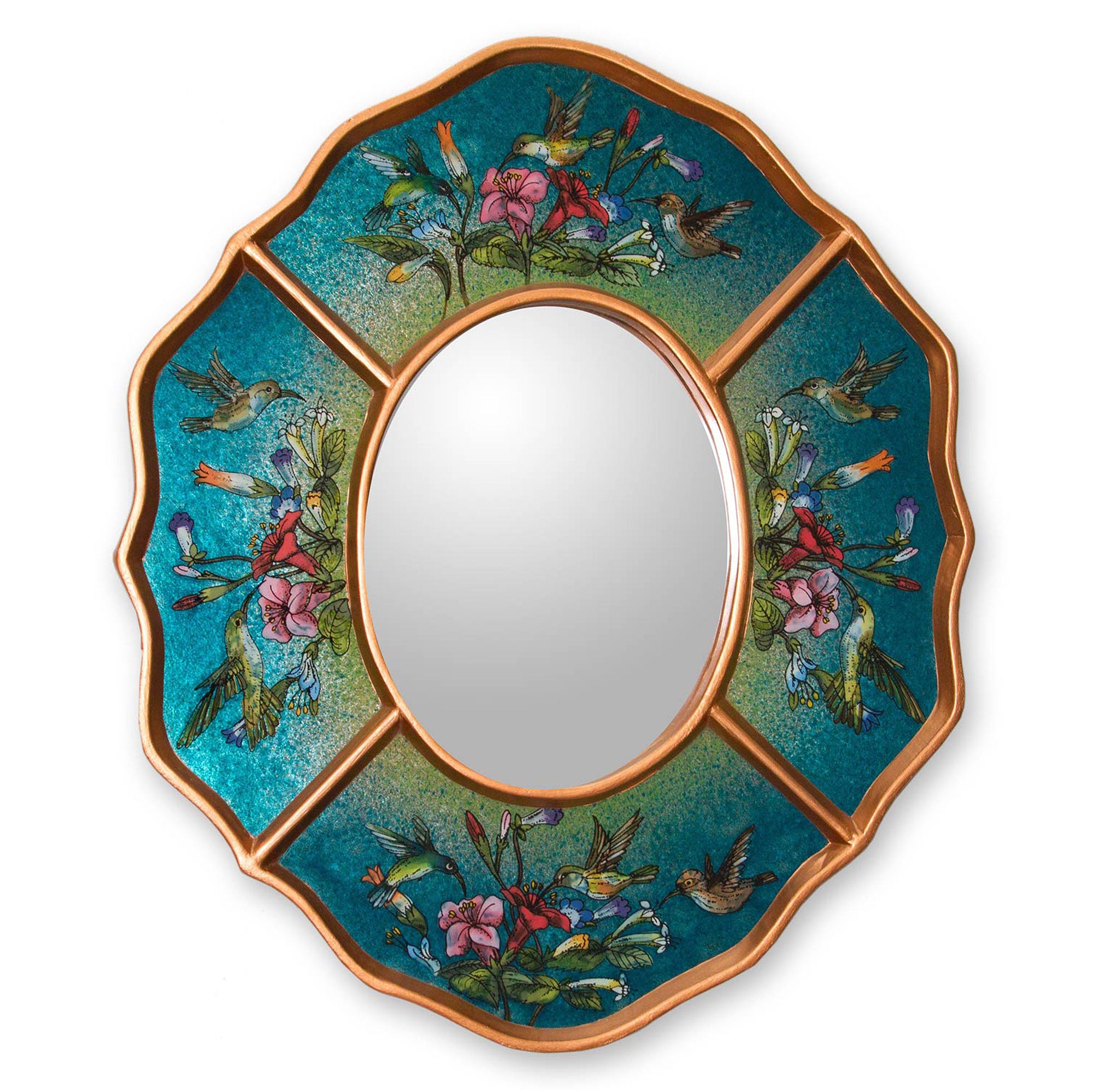 Premium Turquoise Hummingbirds Artisan Glass Wall Mirror - Unique Peruvian Design