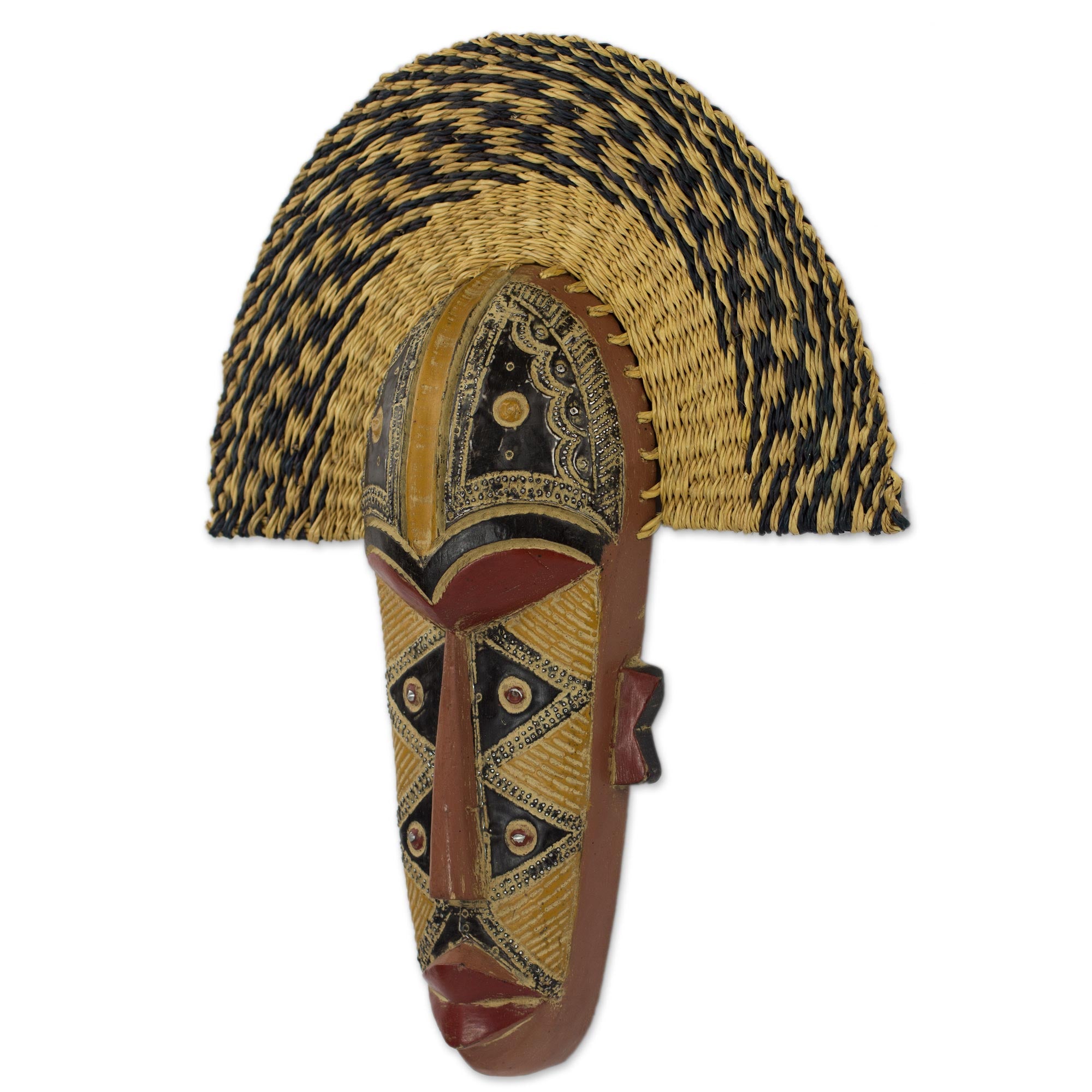 Premium Handcrafted African Prosperity Mask with Wood & Raffia Accents