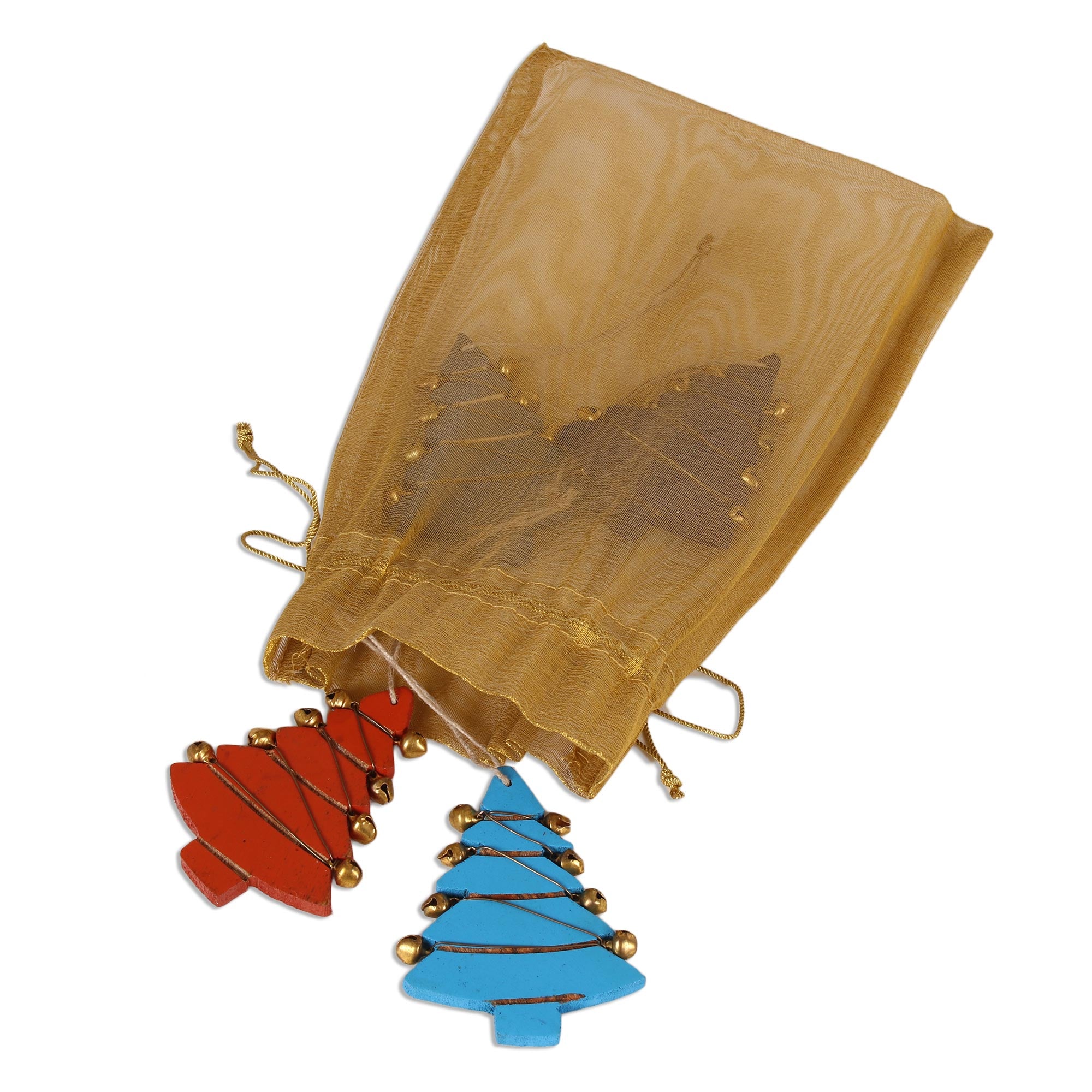 Premium Handcrafted Mango Wood Tree Ornaments with Jingling Bells (Set of 4)