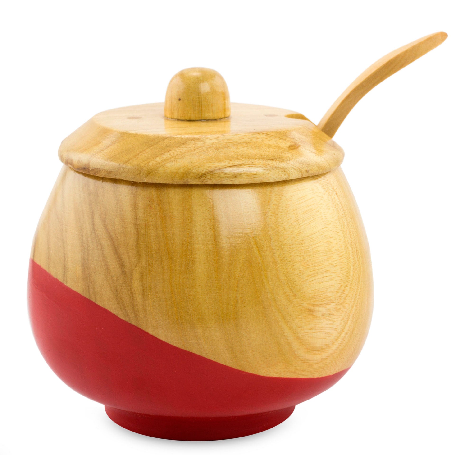 Premium Handcrafted Red Dipped Wooden Sugar Bowl & Spoon Set