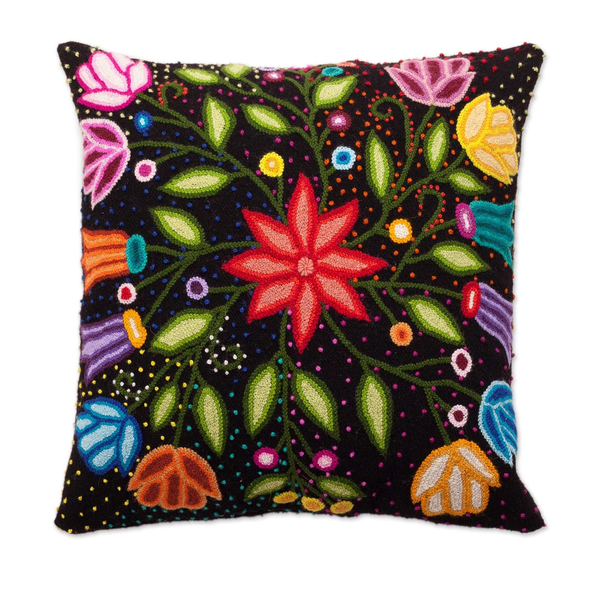 Premium Dark Garden Floral Embroidered Wool Cushion Cover – Handcrafted in Peru
