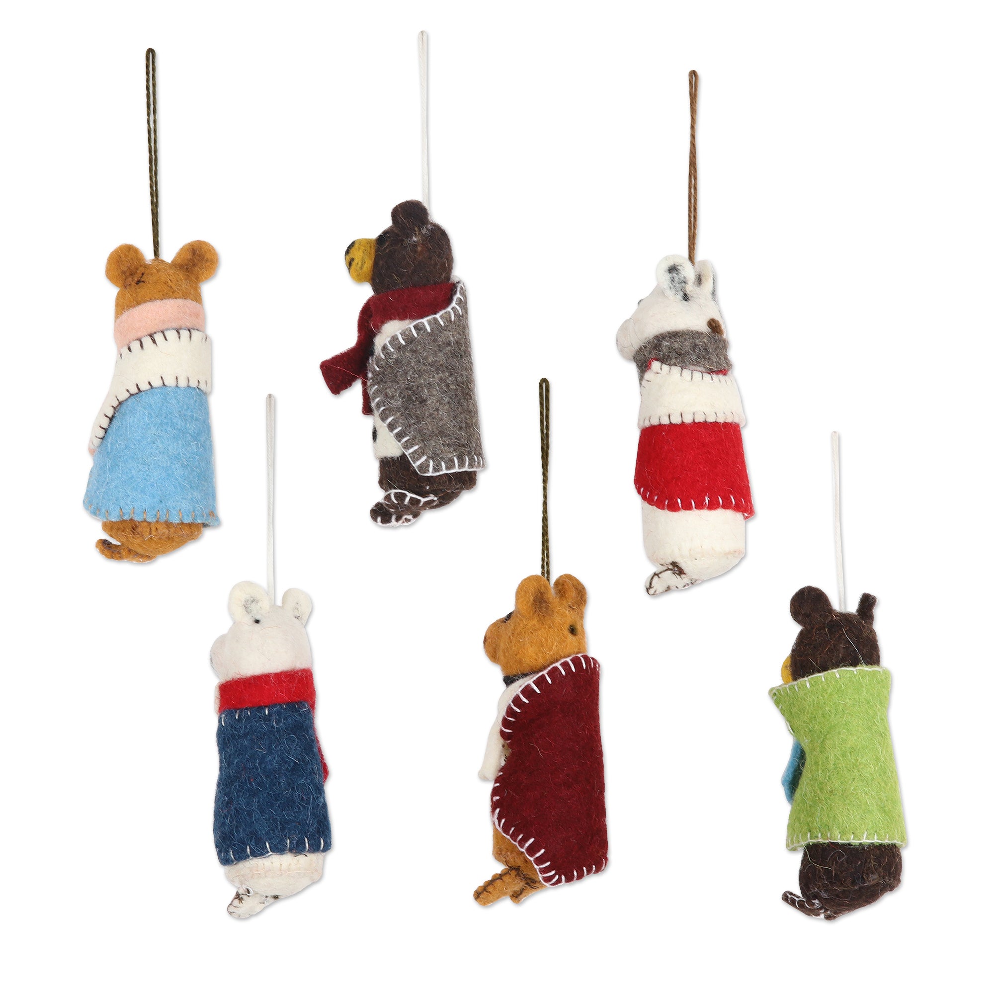 Premium Handcrafted Bear Pairs Wool & Glass Beaded Holiday Ornaments - Set of 6