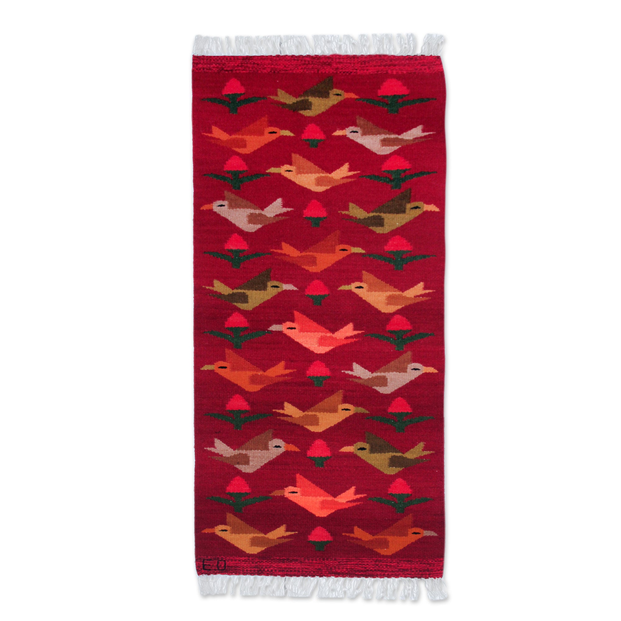 Premium Peruvian Handwoven Red Wool Rug with Birds - Nature-Inspired Art Piece (2x5)