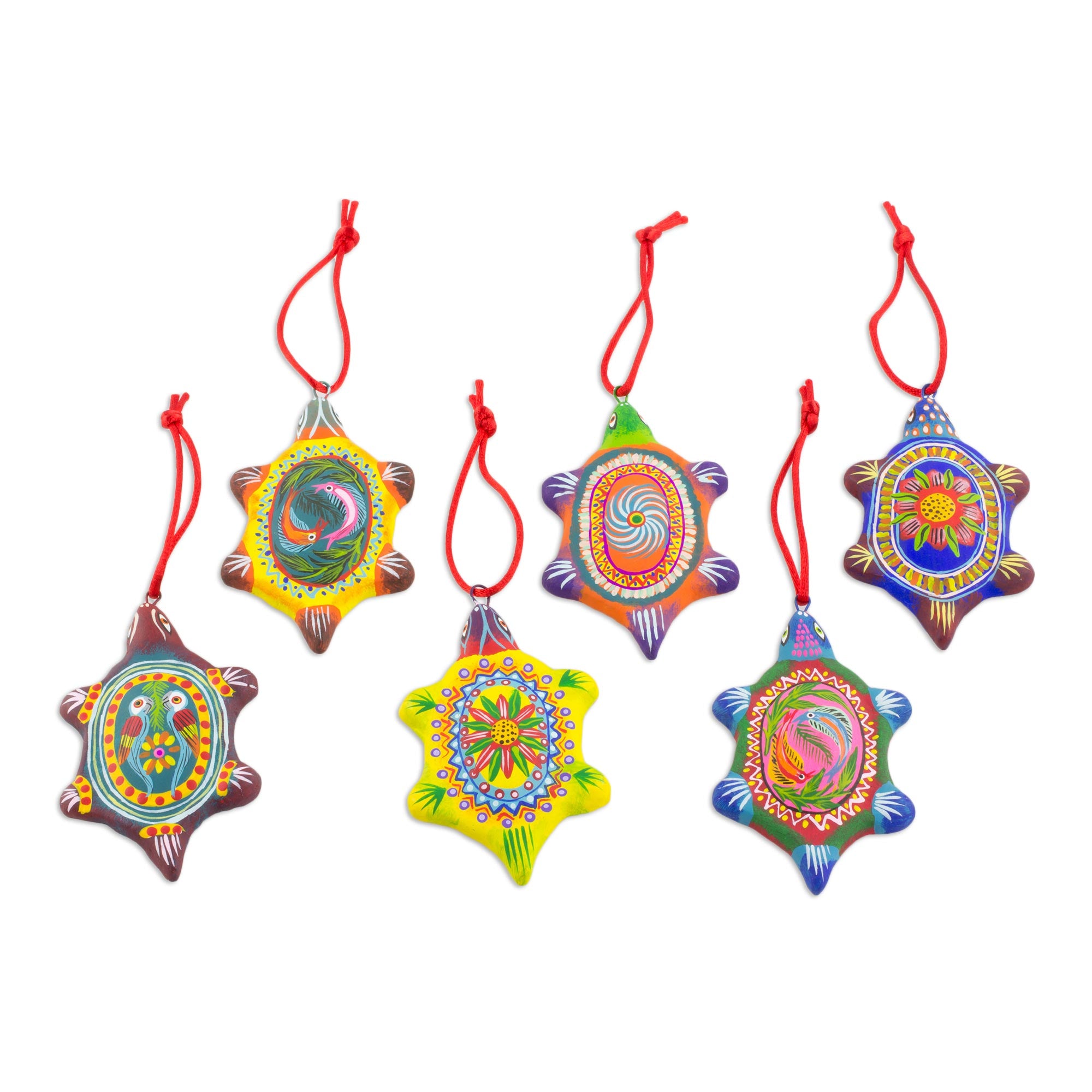 Premium Handcrafted Guatemalan Ceramic Turtle Ornaments - Tropical Turtles Set of 6