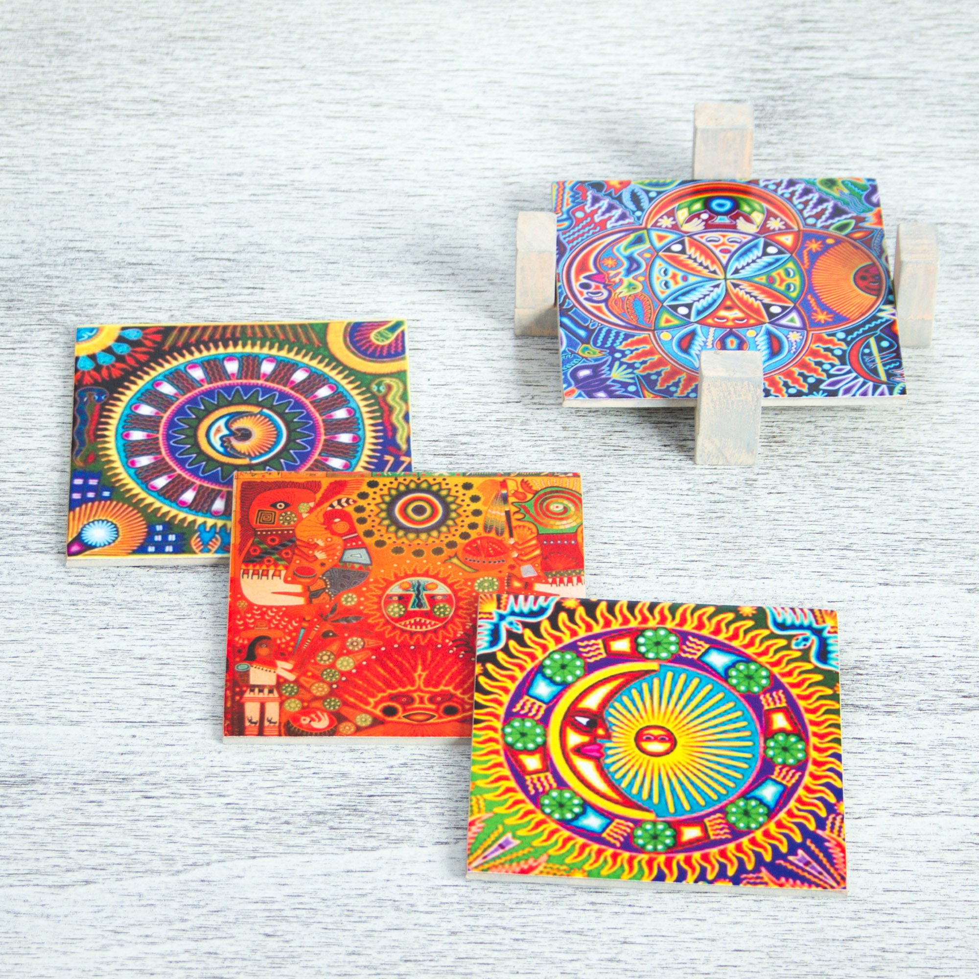 Premium Huichol Sun & Moon Coaster Set – Handcrafted Mexican Pinewood Decor